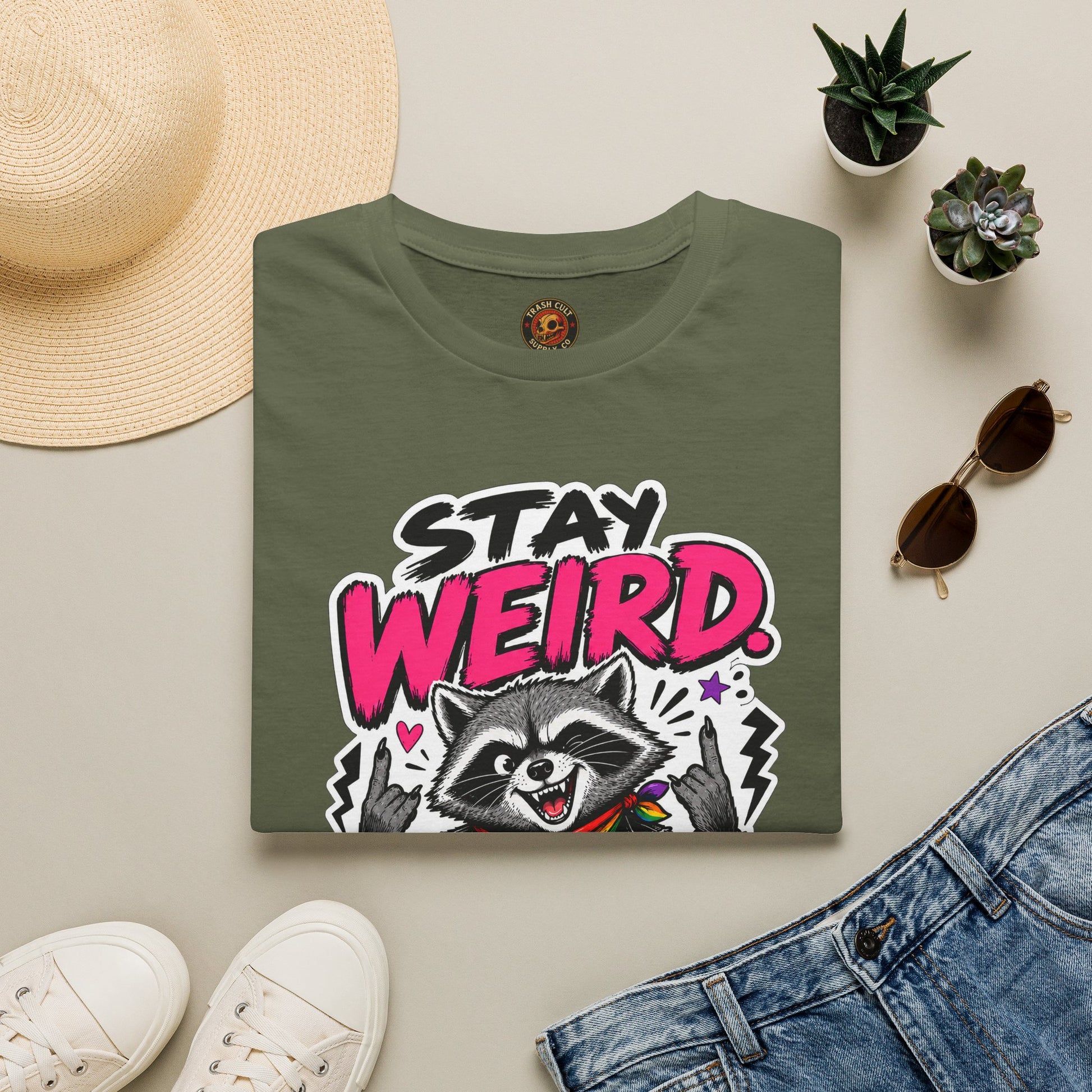 T-Shirt — "Stay Weird" Pride Raccoon Tee (Stay Queer)