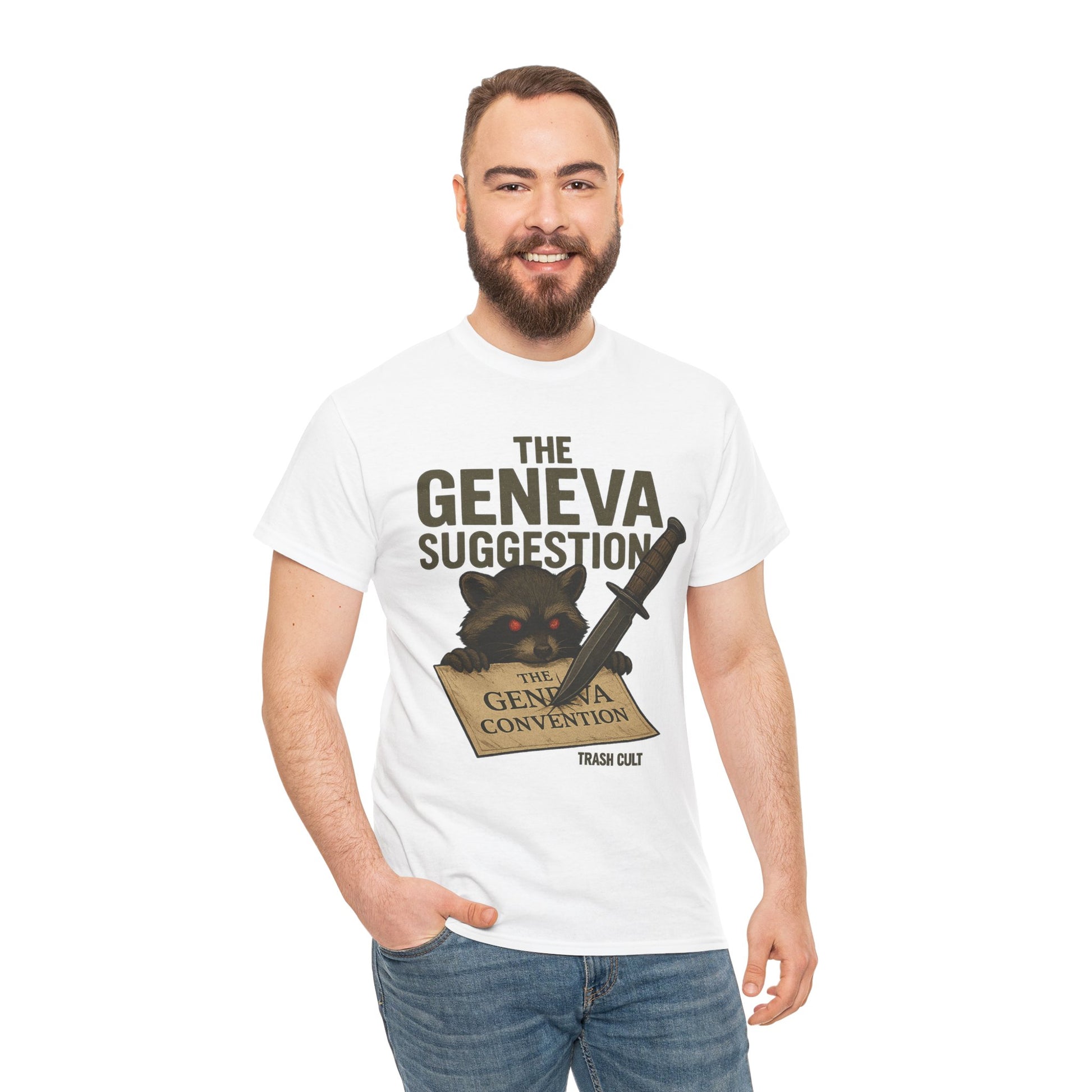 The Geneva Suggestion T-Shirt – Tactical Raccoon Dark Humor Tee | Trash Cult Supply Co. | Gildan 5000