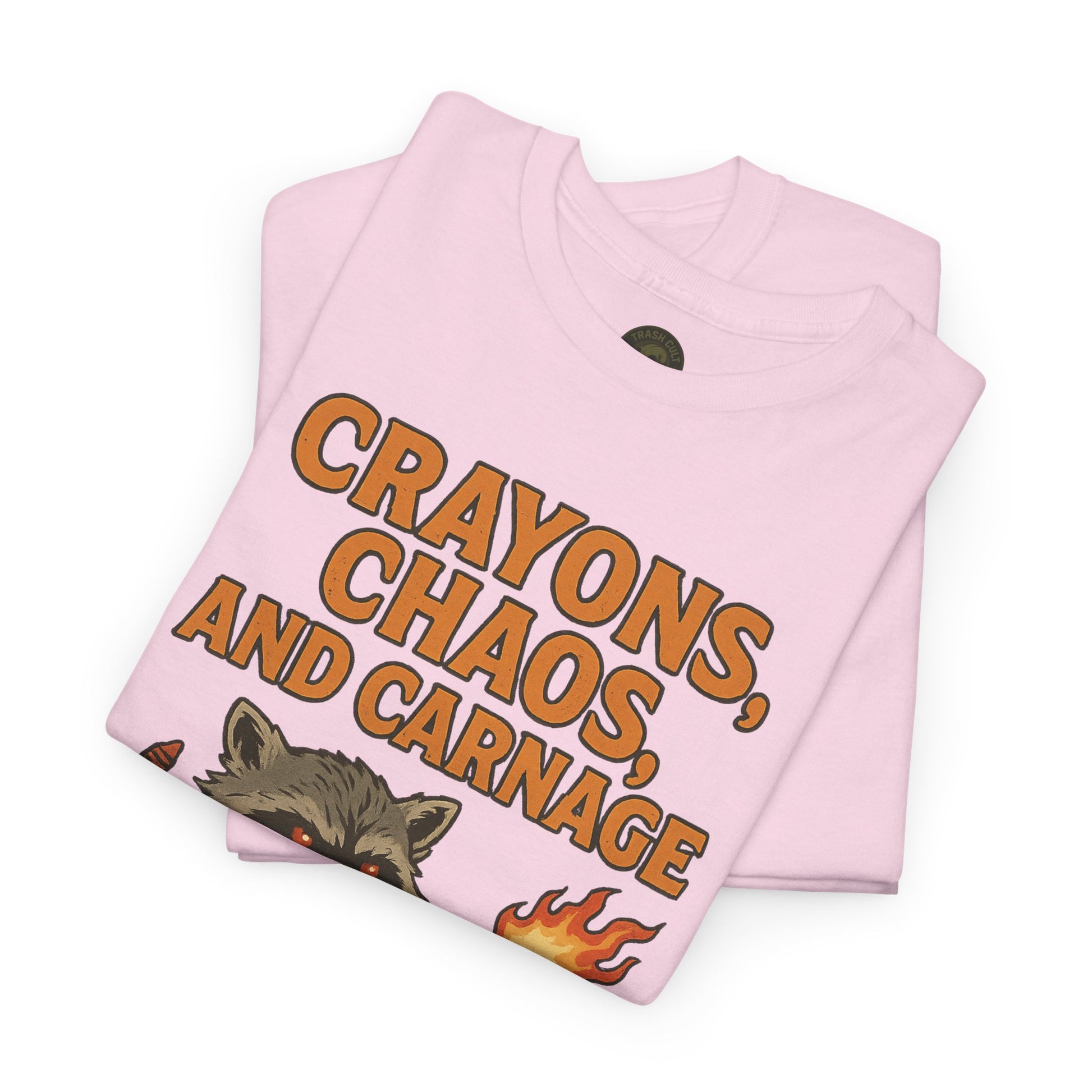 Crayons, Chaos, and Carnage T-Shirt – Dark Humor Raccoon Graphic | Trash Cult Supply Co. | Gildan 5000 Tee