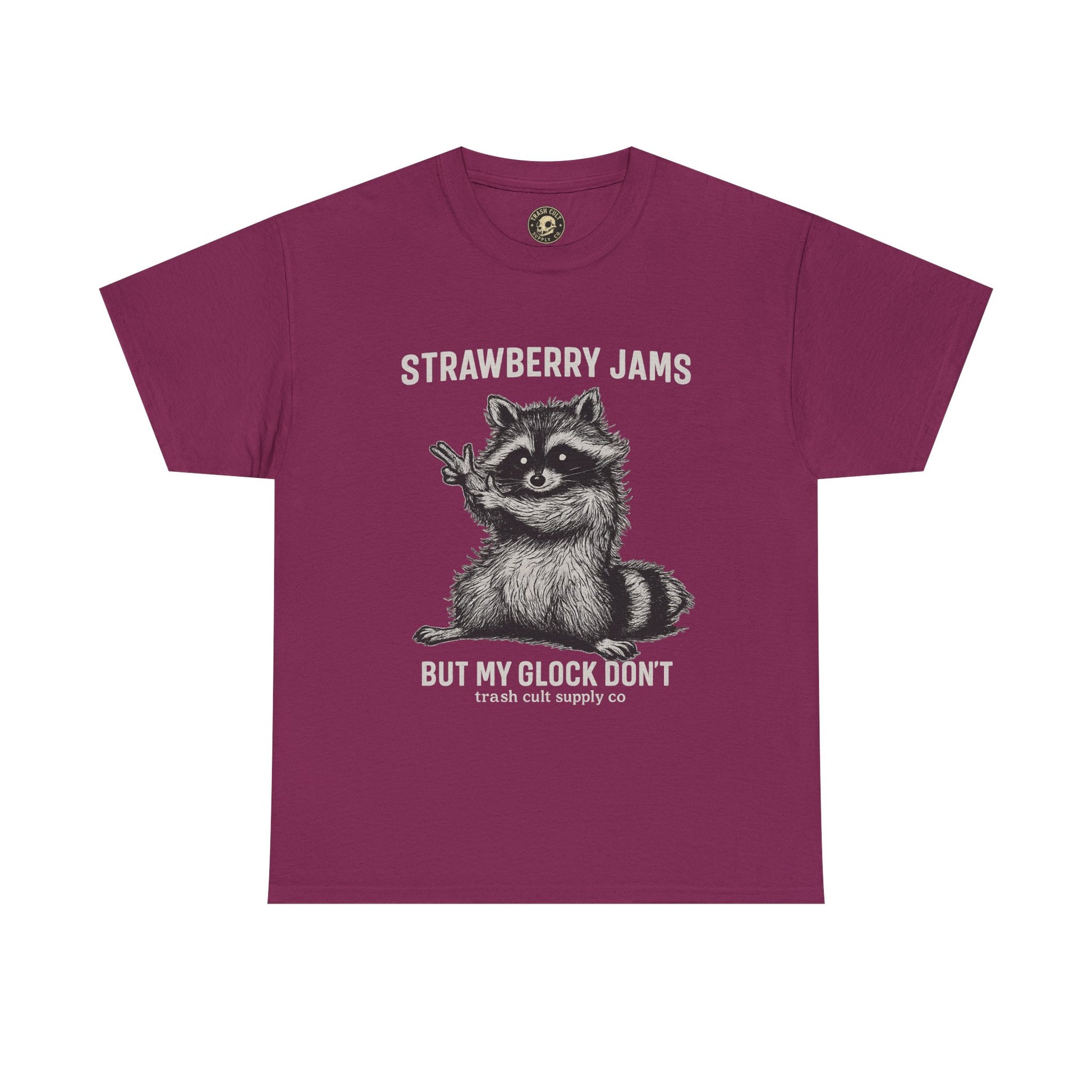 Strawberry Jams But My Glock Don’t Raccoon Shirt – Trash Cult Supply Co. Gildan 5000 Tee