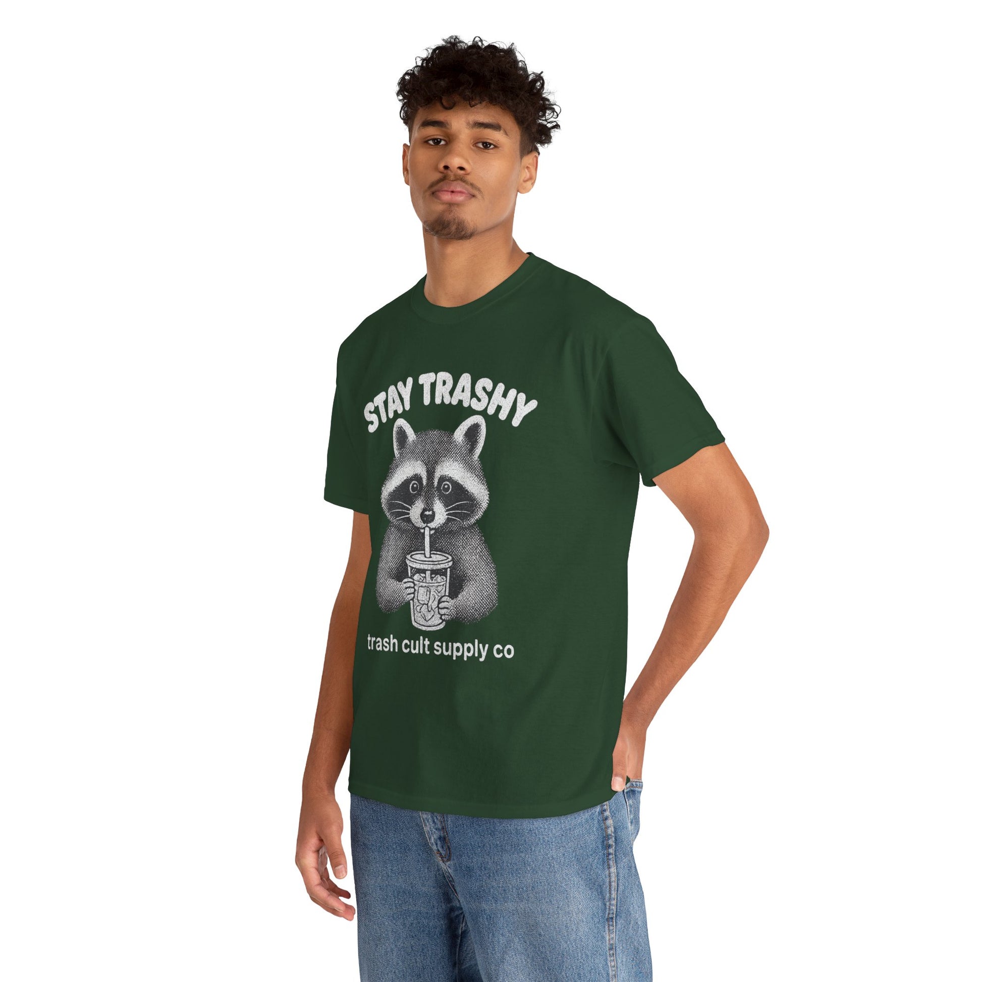 Stay Trashy Raccoon Iced Coffee Shirt – Halftone All White Design | Trash Cult Supply Co.