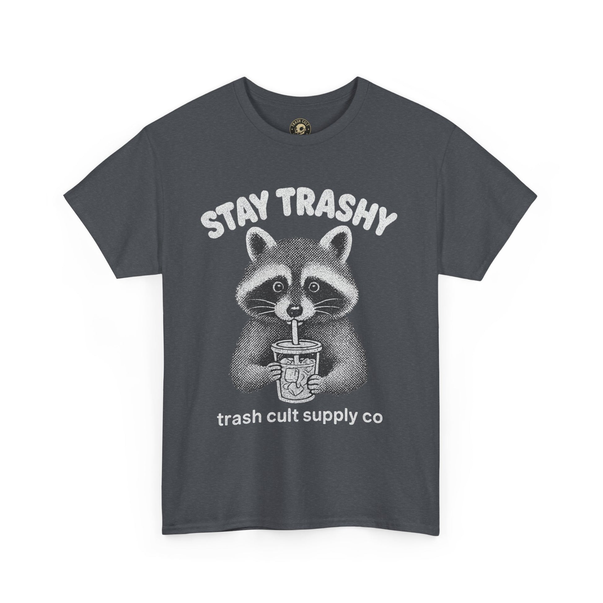 Stay Trashy Raccoon Iced Coffee Shirt – Halftone All White Design | Trash Cult Supply Co.