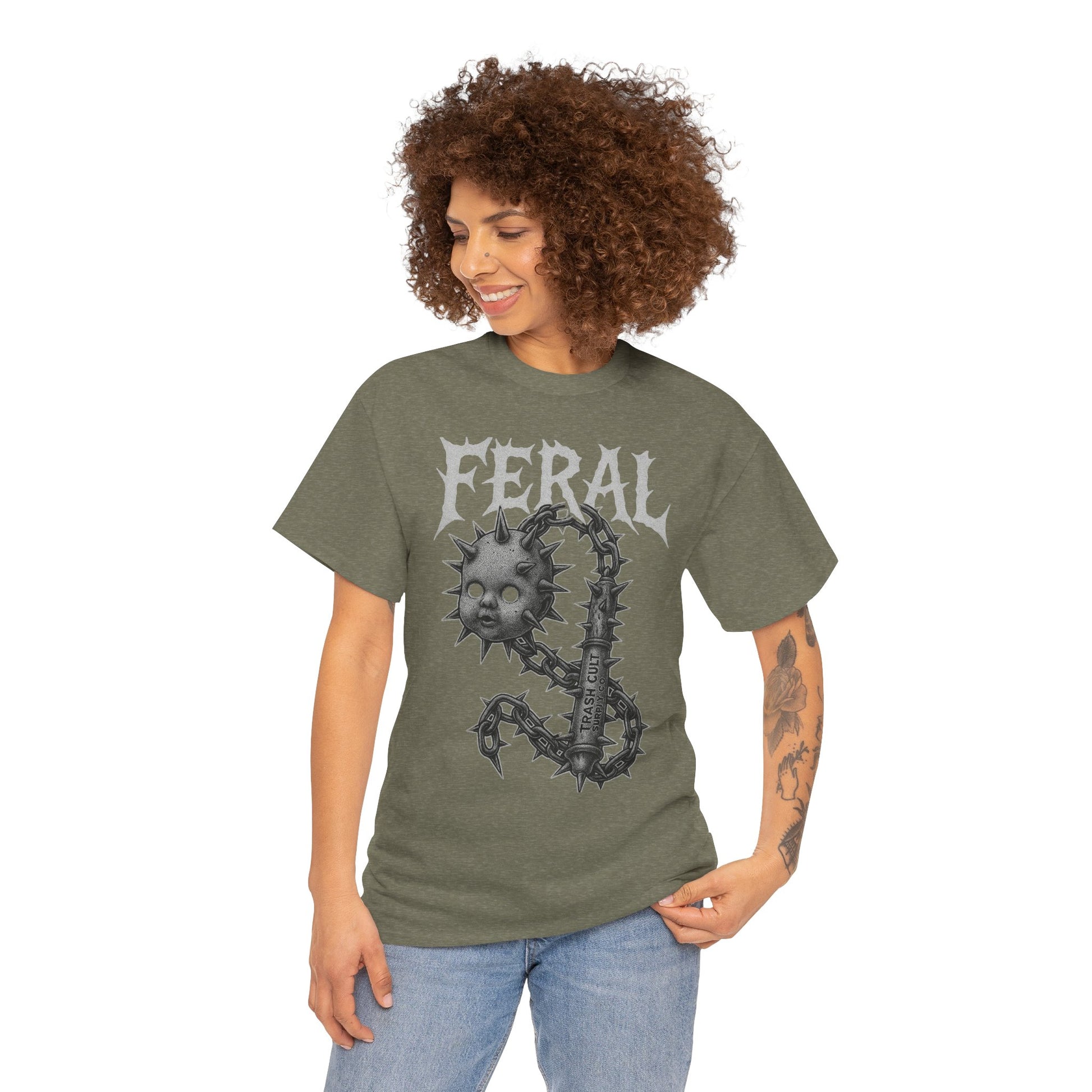 FERAL Spiked Doll Flail Tee – Halftone Gothic Weapon Shirt | Trash Cult Supply Co. | Gildan 5000