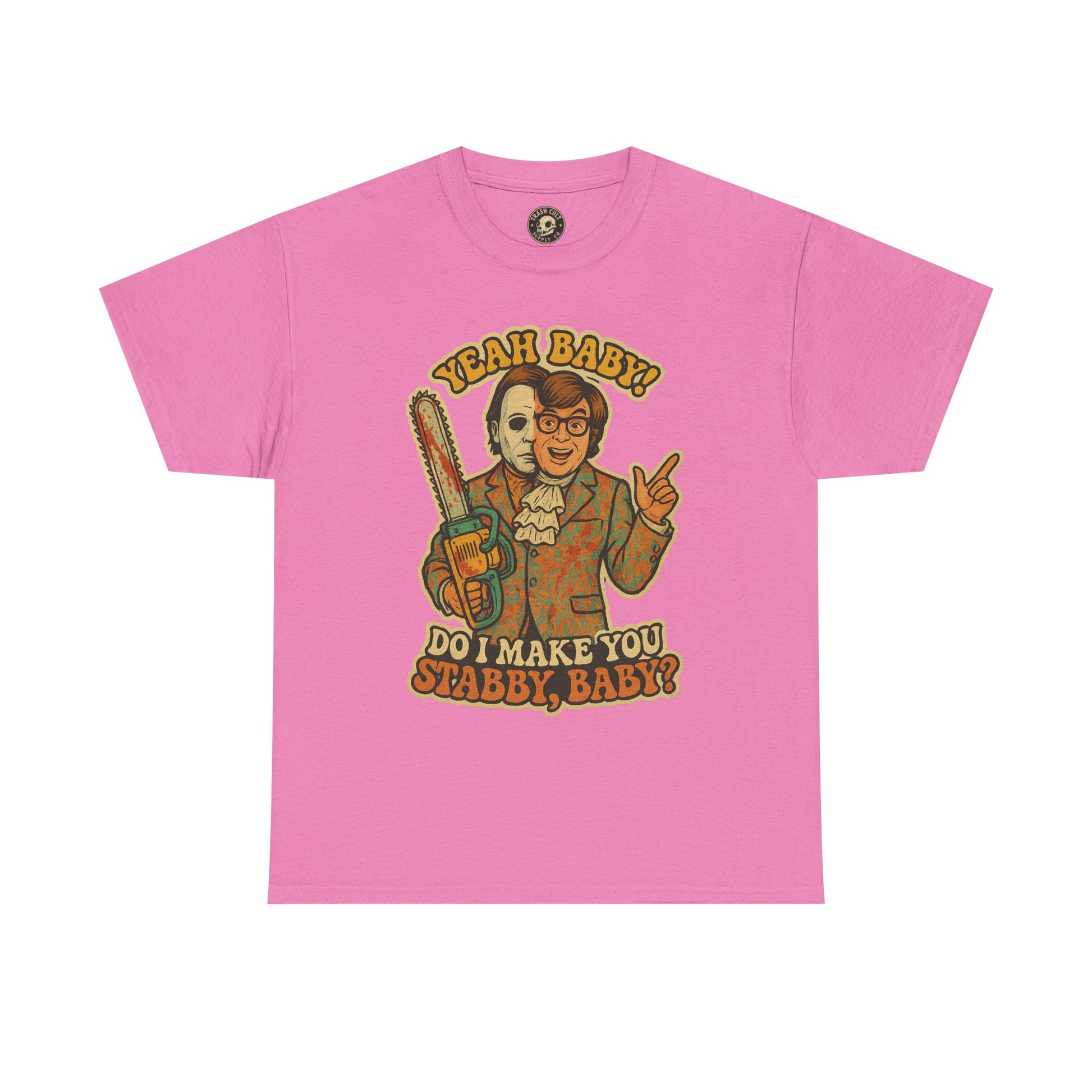 Mike Myers Parody Shirt – “Do I Make You Stabby, Baby?” Funny Horror Mashup Tee – Gildan 5000 Unisex