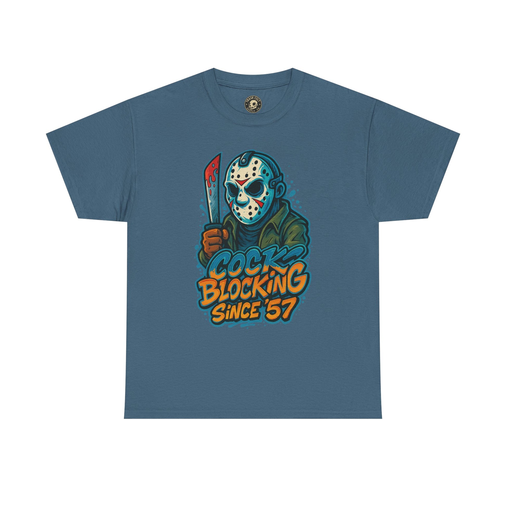 Jason Voorhees “Cock Blocking Since ’57” Funny Horror T-Shirt – Gildan 5000 | Slasher Meme Graphic Tee