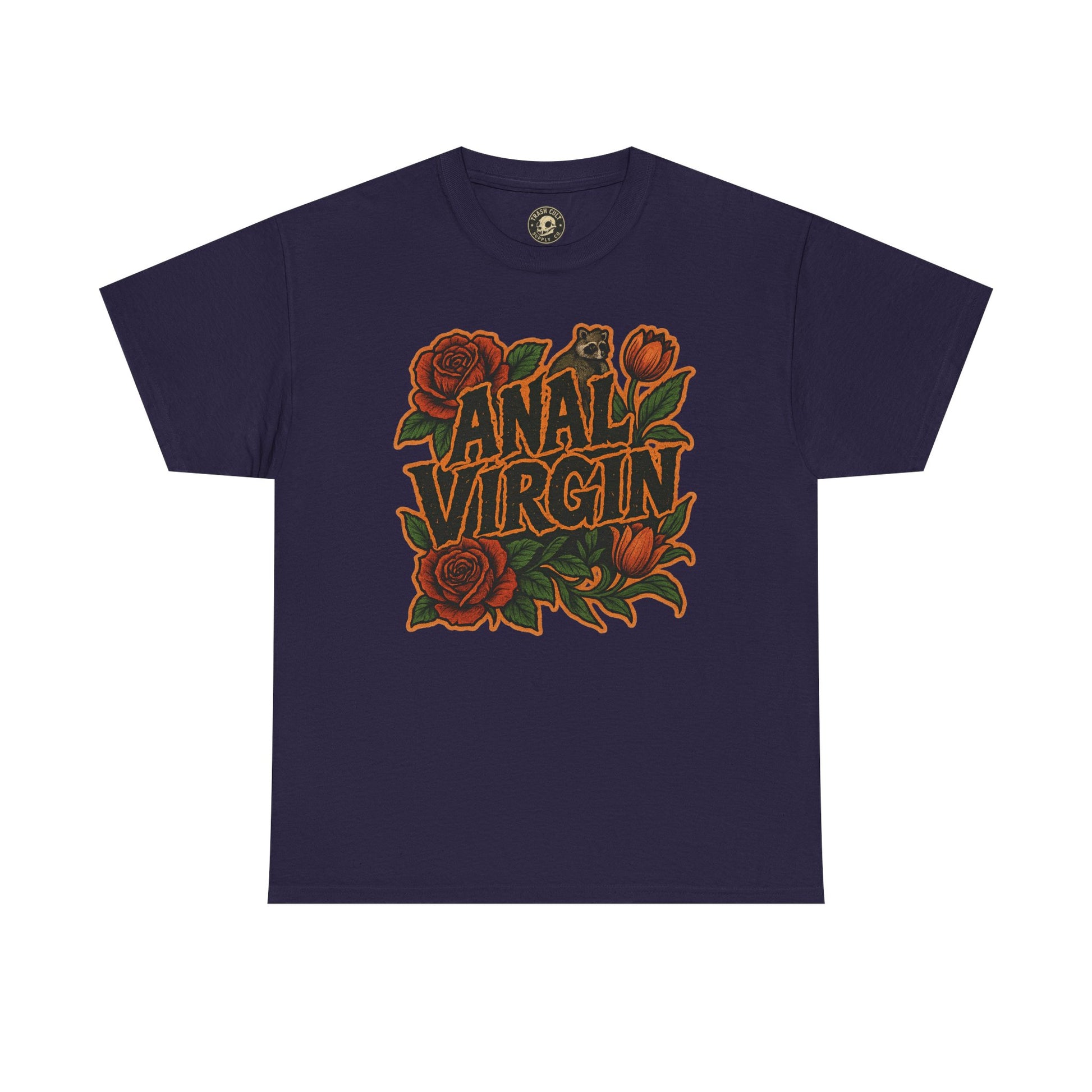Anal Virgin Bold Floral Trashcore Tee – Funny Raccoon Shirt – Gildan 5000
