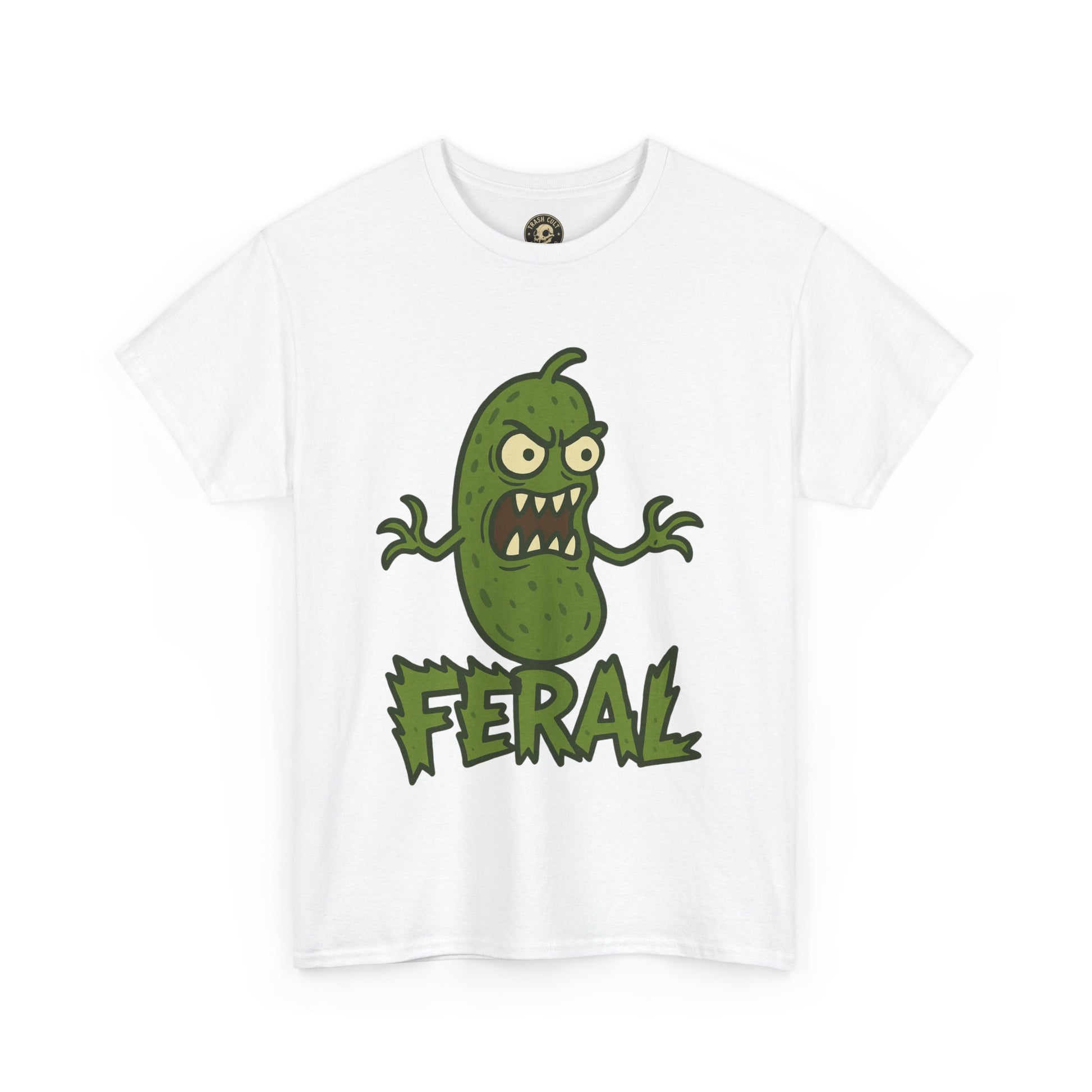 Feral Pickle Cartoon Tee – Trashcore Angry Pickle Shirt – Gildan 5000 Unisex Heavy Cotton