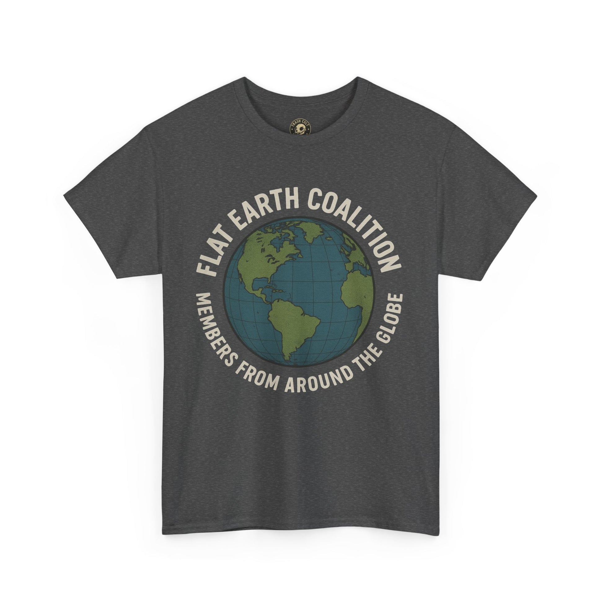 Flat Earth Coalition Funny Globe Parody Shirt – “Members From Around the Globe” Tee – Satirical Conspiracy Theory Humor Tee
