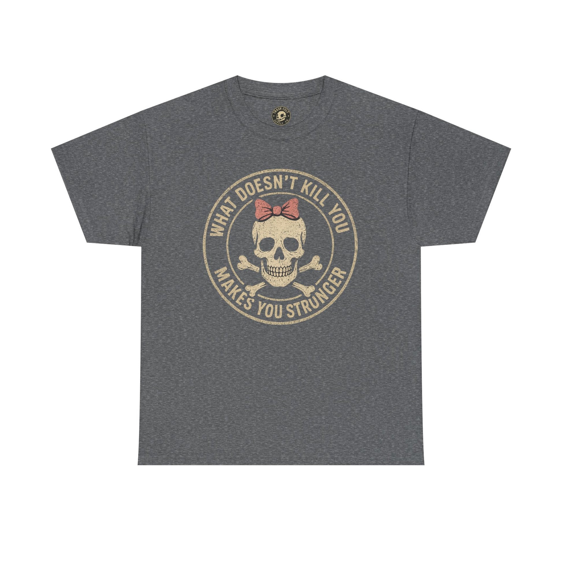 “What Doesn’t Kill You Makes You Stronger” Skull & Bow T-Shirt – Vintage Grunge Graphic | Gildan 5000