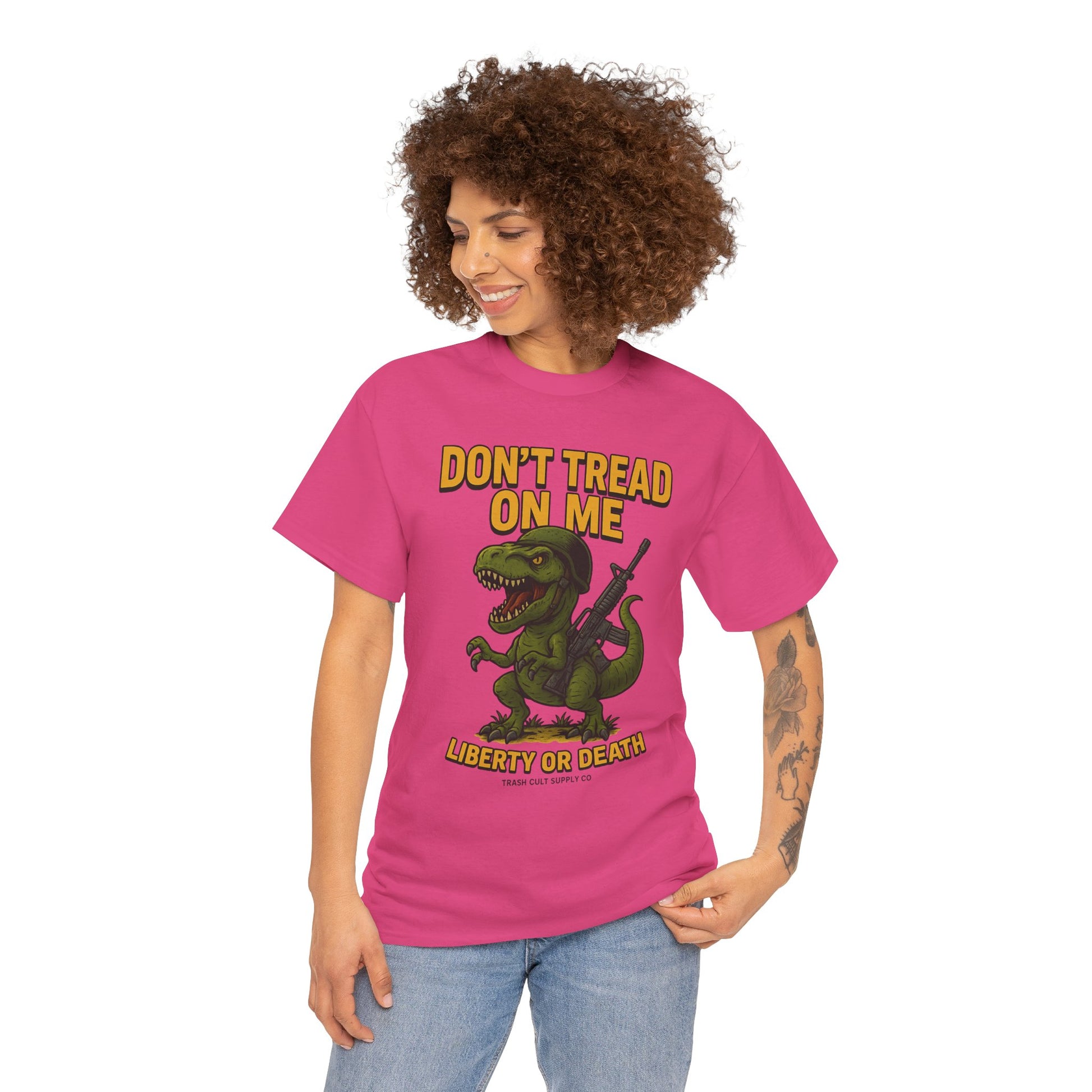 Don’t Tread On Me T-Rex T-Shirt – Liberty or Death Graphic | Trash Cult Supply Co. | Gildan 5000 Heavy Cotton