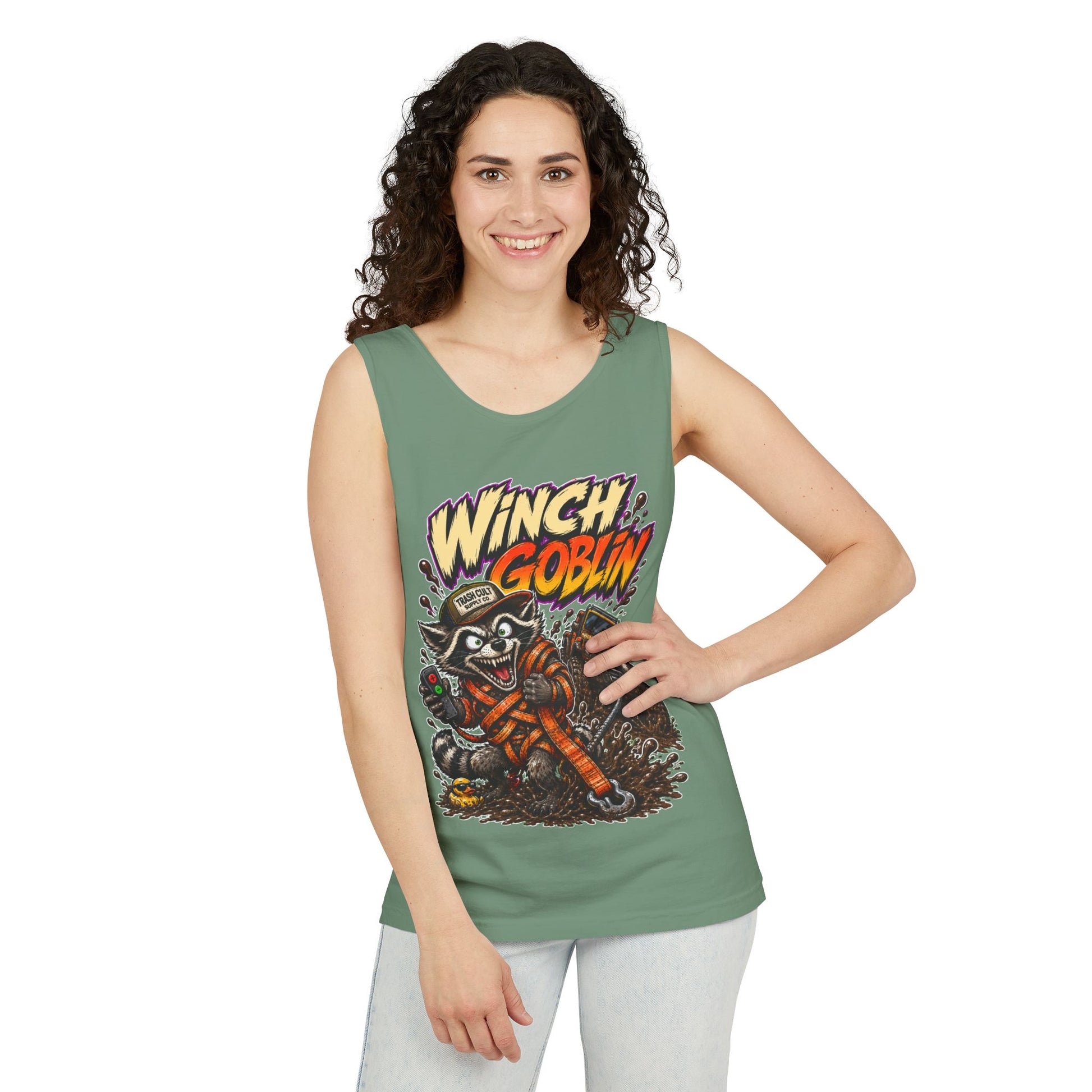 Winch Goblin Graphic Tank Top — Retro Cartoon Mechanic Design