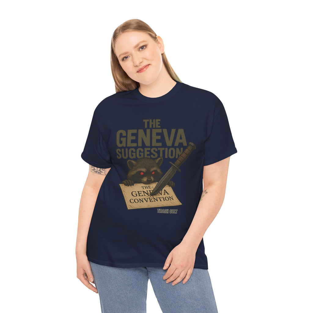 The Geneva Suggestion T-Shirt – Tactical Raccoon Dark Humor Tee | Trash Cult Supply Co. | Gildan 5000