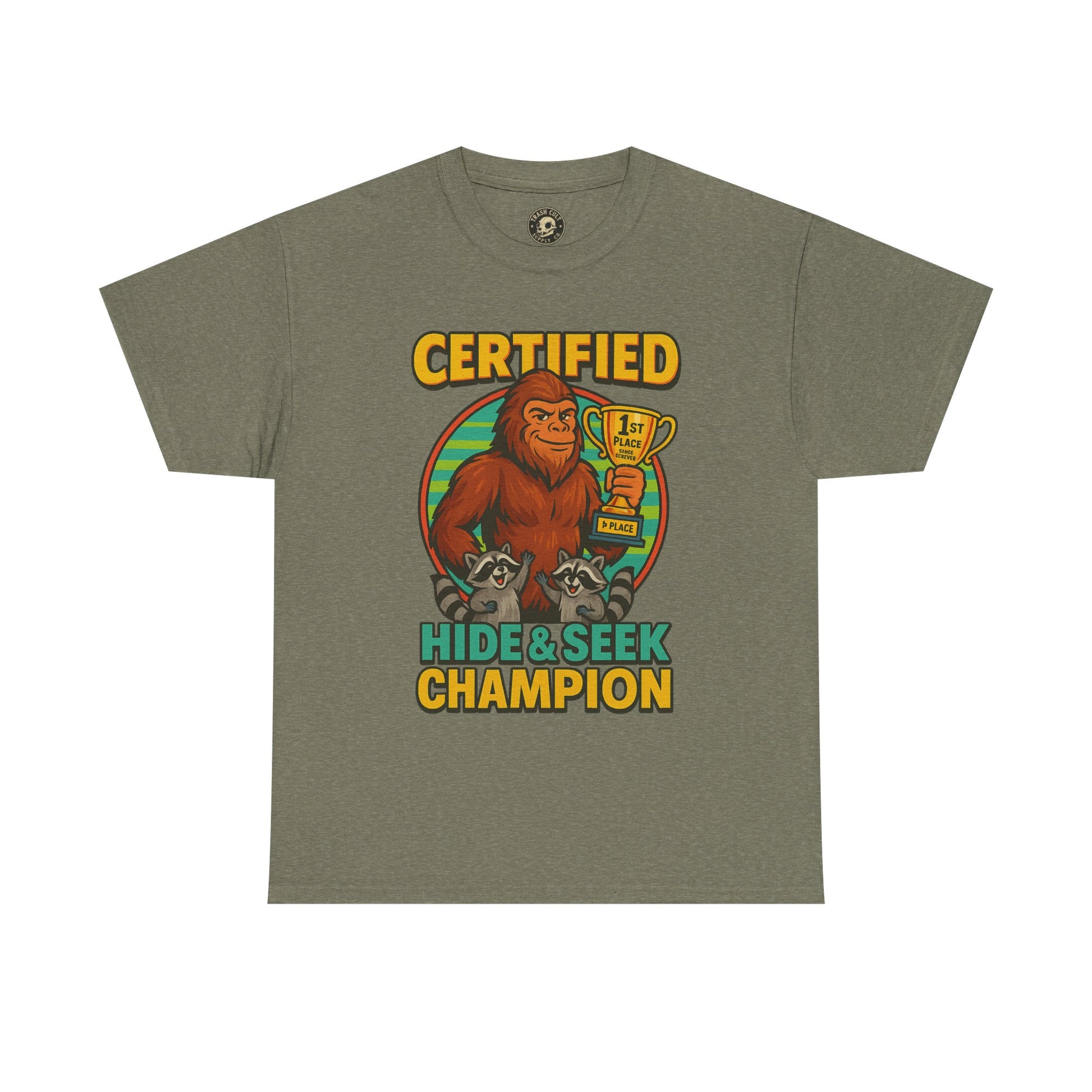 Certified Hide & Seek Champion Bigfoot T-Shirt – Funny Cryptid Shirt – Raccoon Forest Meme Tee – Gildan 5000