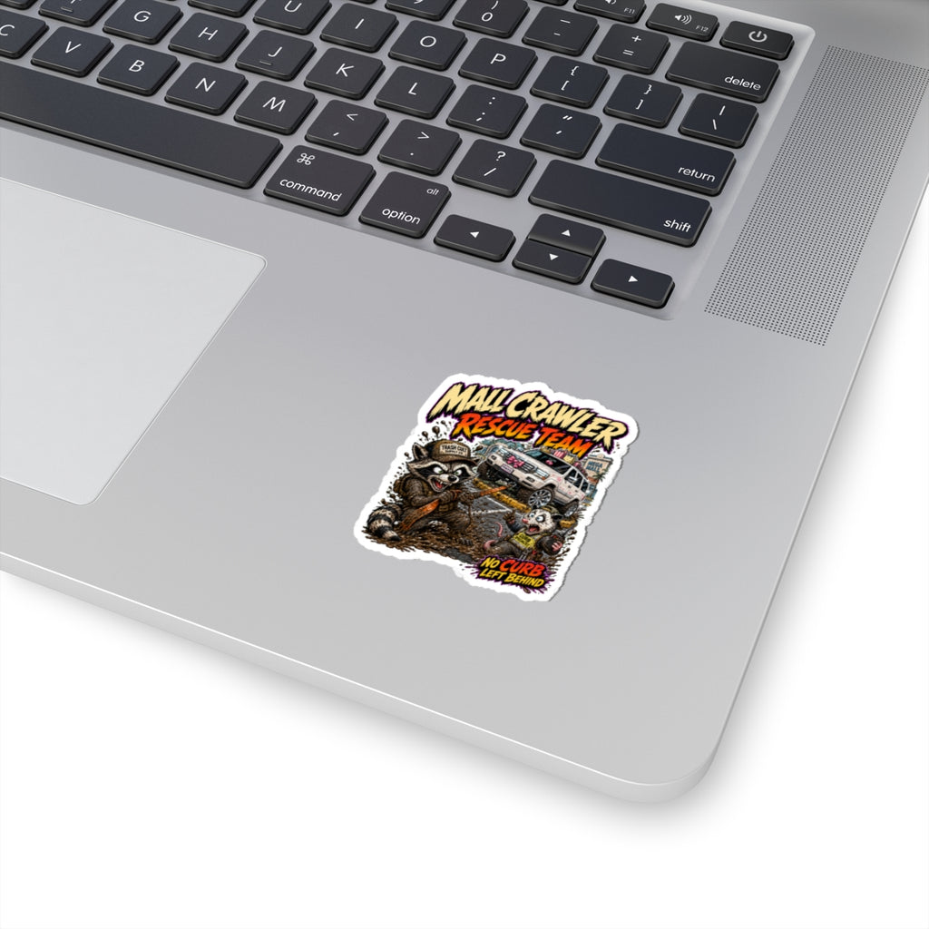 Mall Crawler Rescue Team Kiss-Cut Sticker – "No Curb Left Behind" Off‑Road Raccoon Design