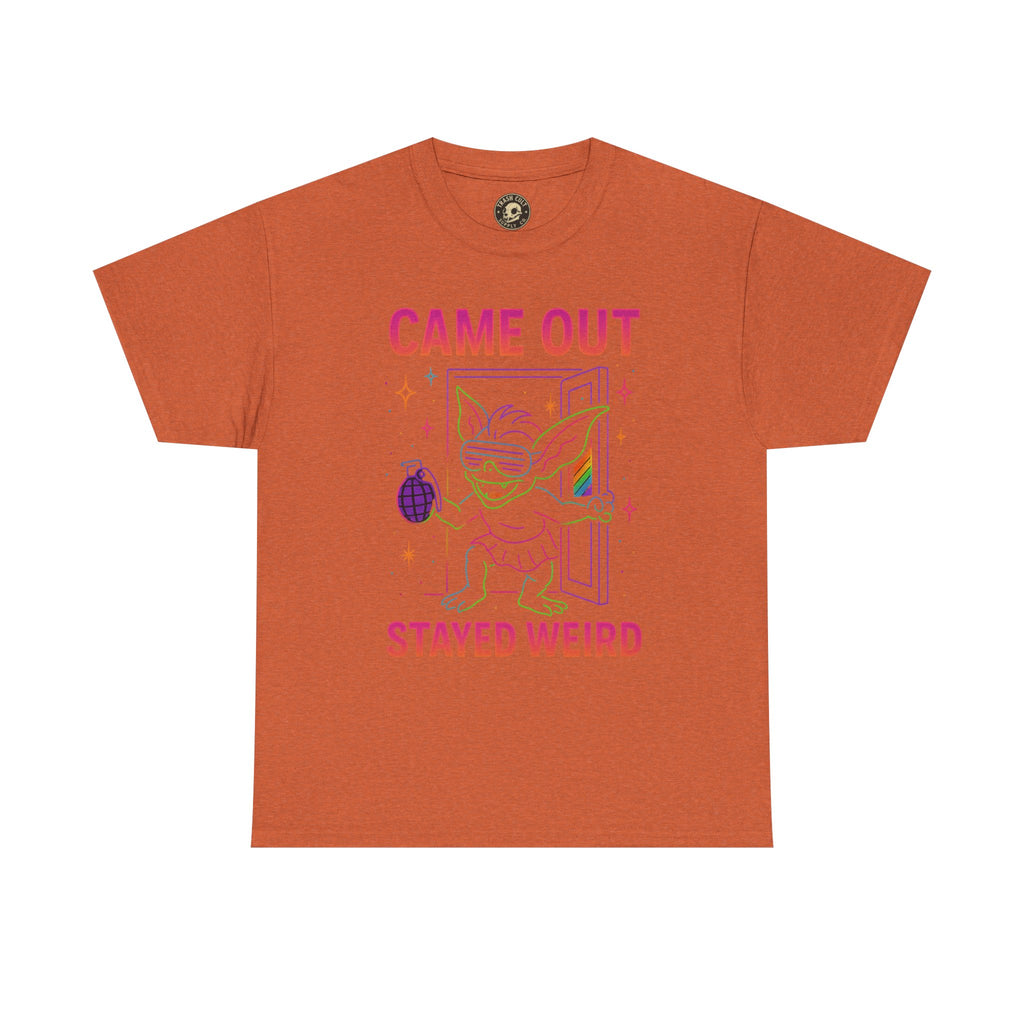 Came Out, Stayed Weird – Neon Gremlin Pride T-Shirt | Gildan Unisex Heavy Cotton Tee | LGBTQ+ Graphic Shirt