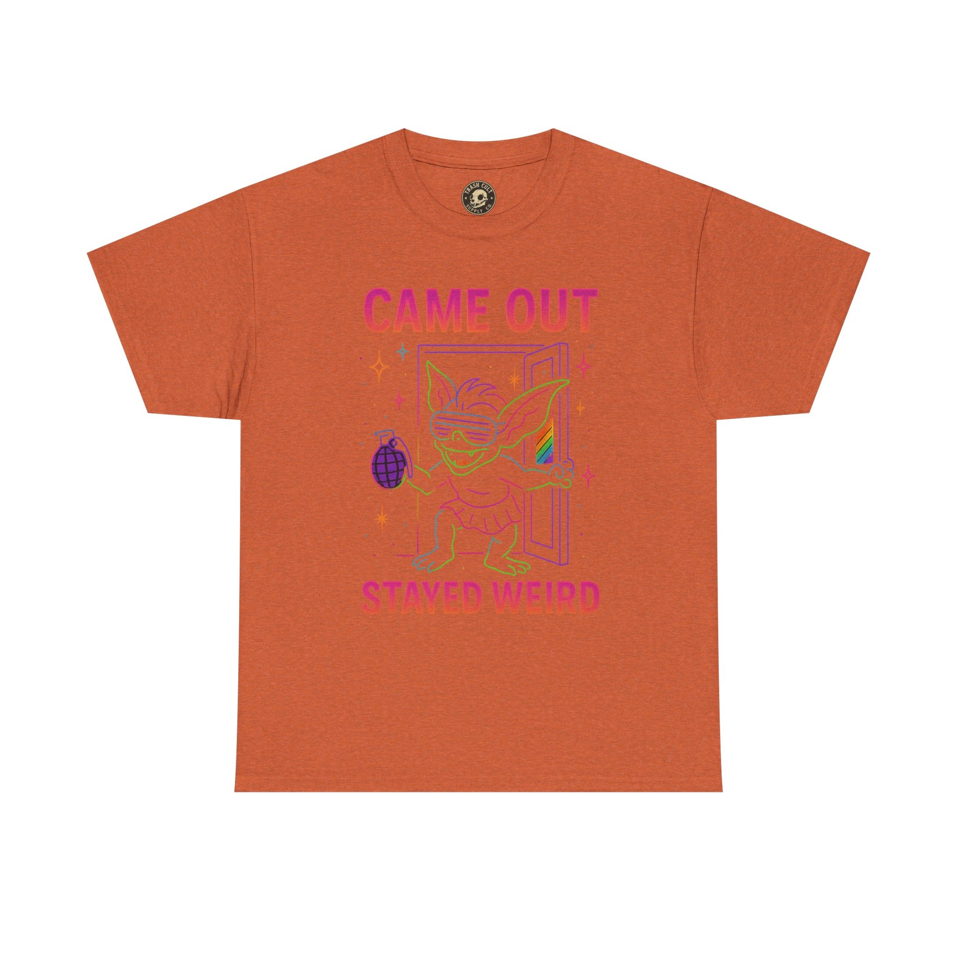Came Out, Stayed Weird – Neon Gremlin Pride T-Shirt | Gildan Unisex Heavy Cotton Tee | LGBTQ+ Graphic Shirt