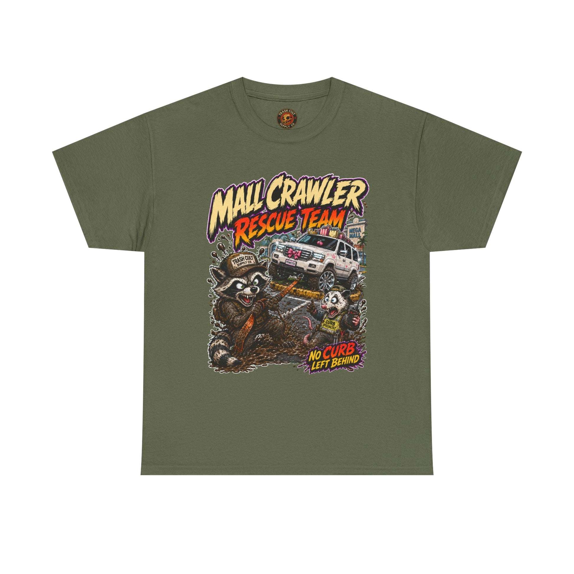 Mall Crawler Rescue Team T‑Shirt — Vintage Raccoon Rescue Graphic Tee (“No Curb Left Behind”)