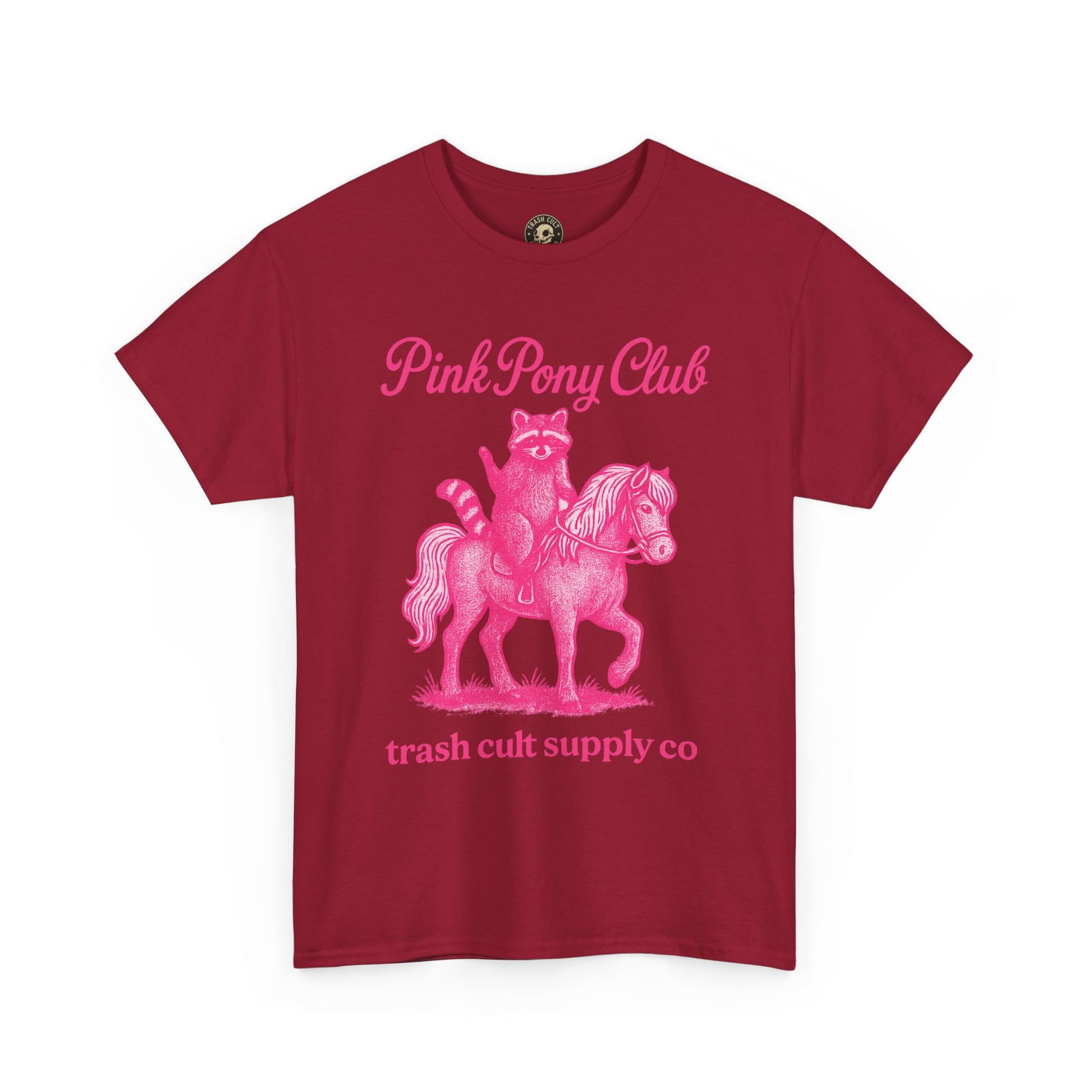 Pink Pony Club Raccoon Riding Pony Shirt – Vintage Hot Pink Halftone Tee by Trash Cult Supply Co
