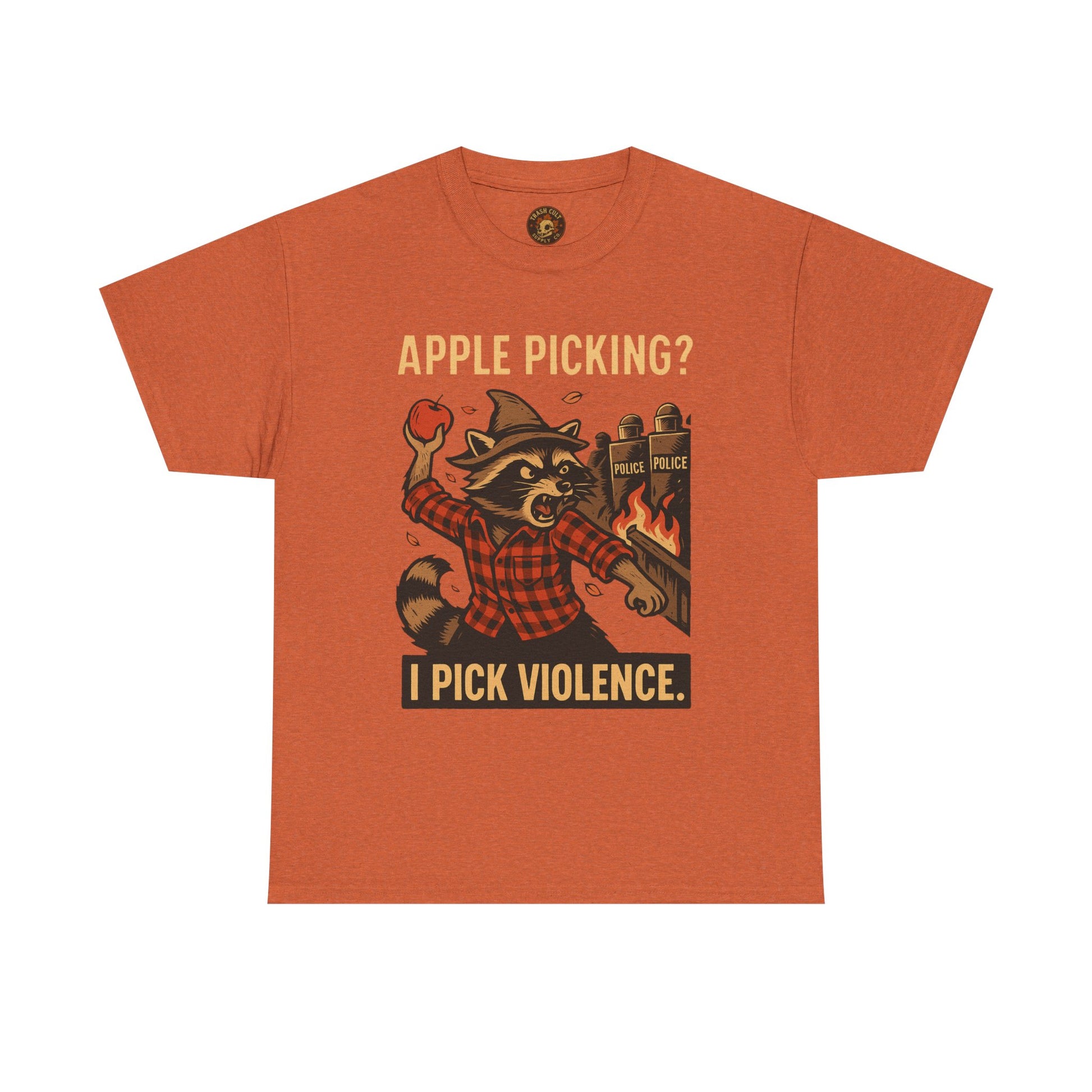 Apple Picking? I Pick Violence Shirt – Angry Raccoon Riot Tee – Fall of Humanity Collection – Trash Cult Supply Co.