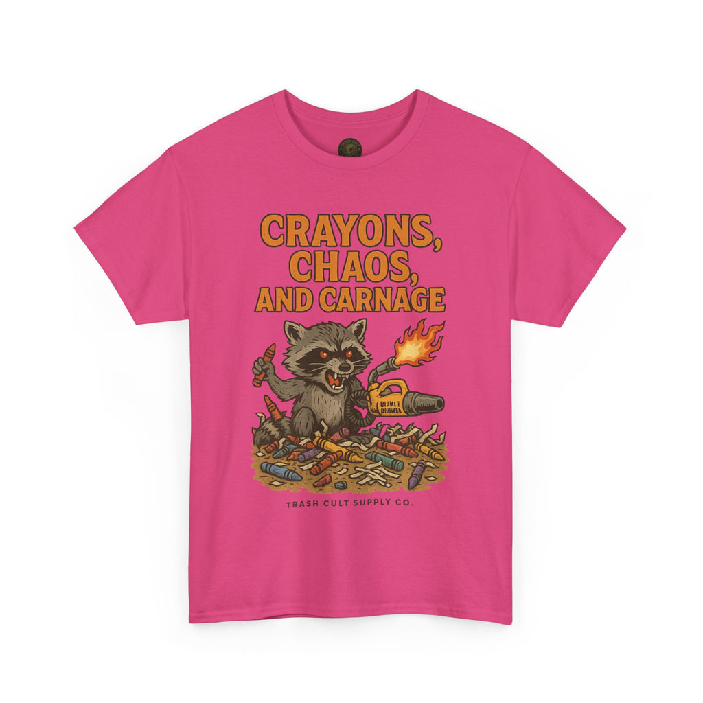 Crayons, Chaos, and Carnage T-Shirt – Dark Humor Raccoon Graphic | Trash Cult Supply Co. | Gildan 5000 Tee