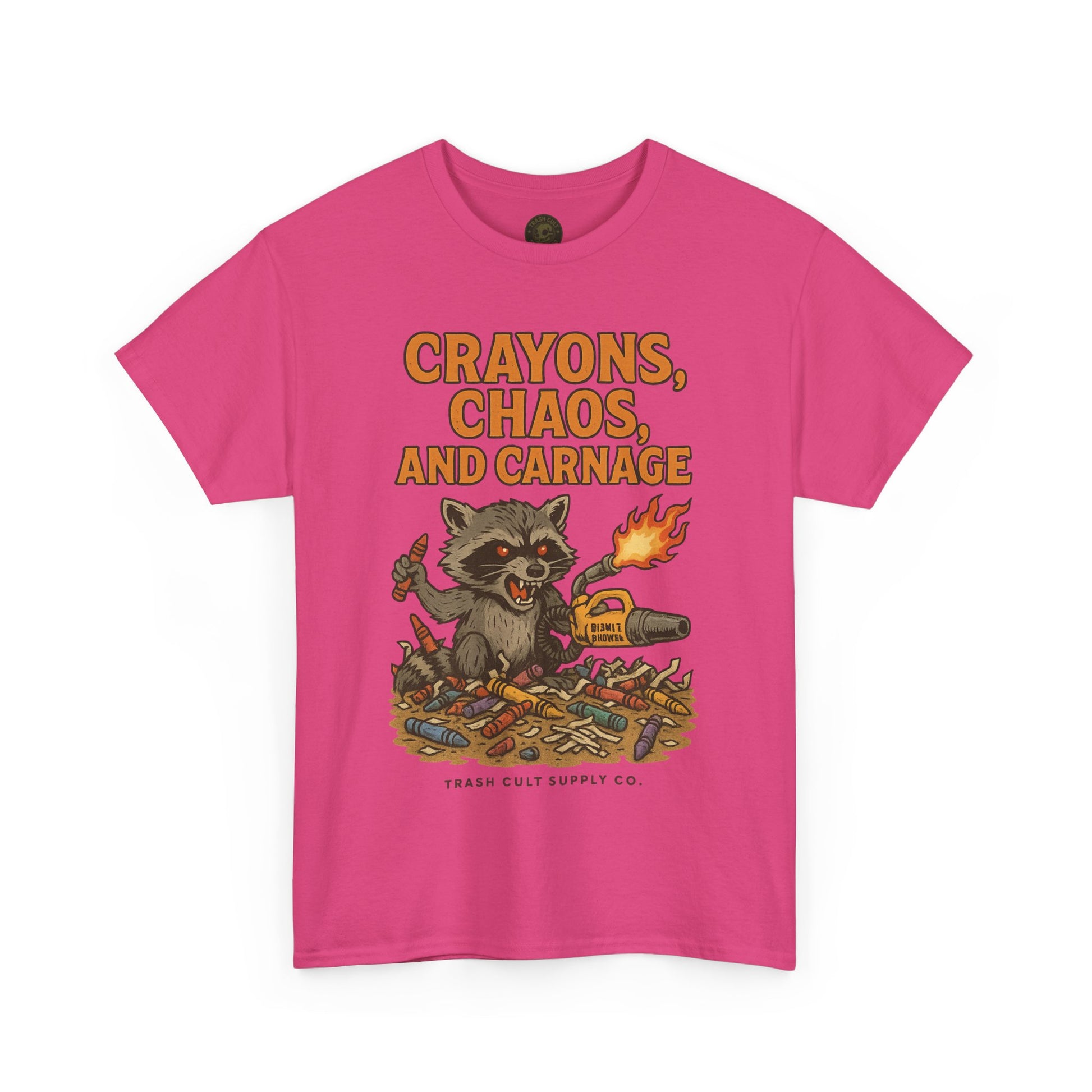 Crayons, Chaos, and Carnage T-Shirt – Dark Humor Raccoon Graphic | Trash Cult Supply Co. | Gildan 5000 Tee