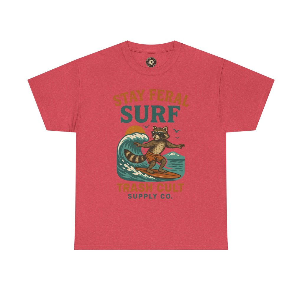 Stay Feral Surf Shirt – Retro Raccoon Beach Tee – Trash Cult Supply Co – Gildan 5000