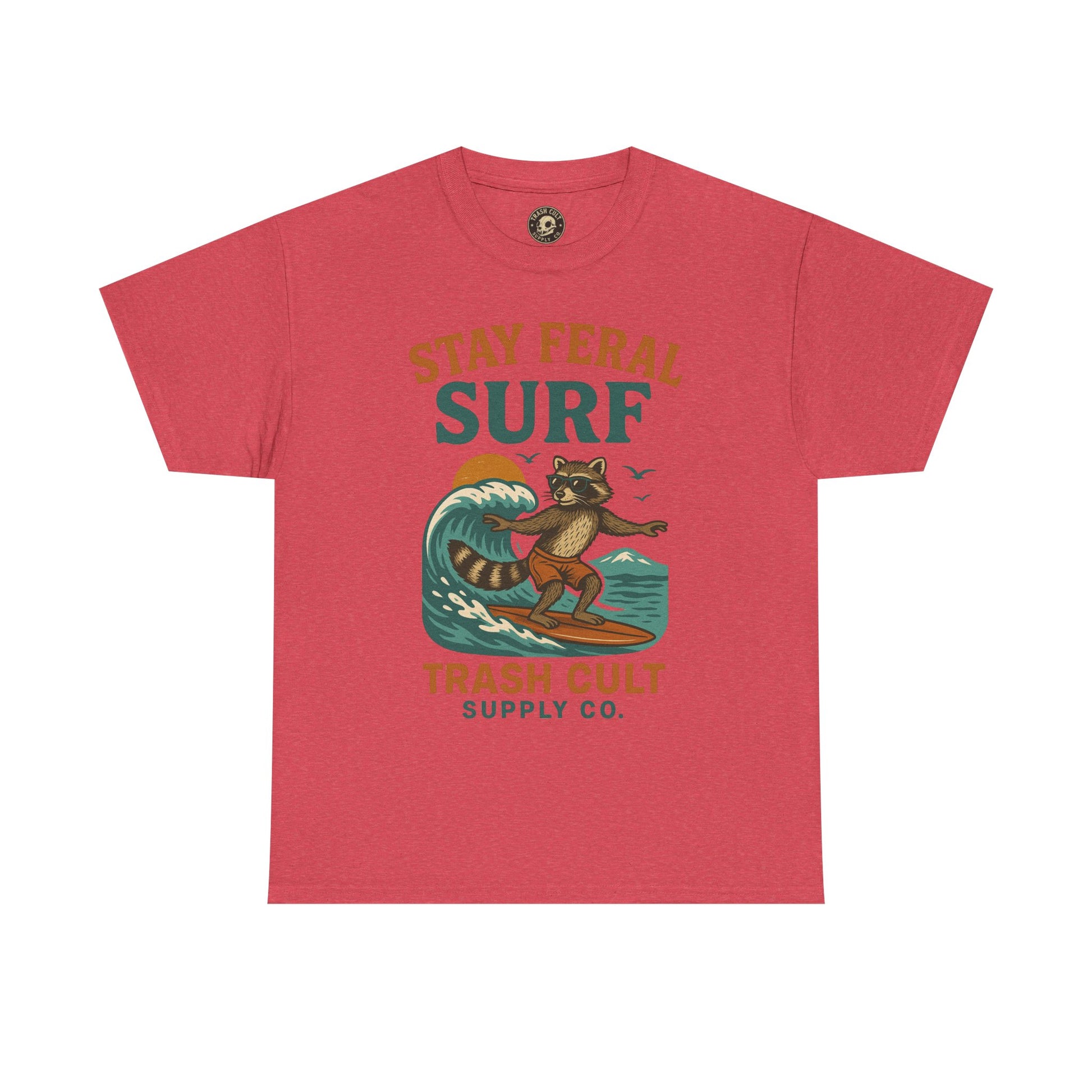 Stay Feral Surf Shirt – Retro Raccoon Beach Tee – Trash Cult Supply Co – Gildan 5000