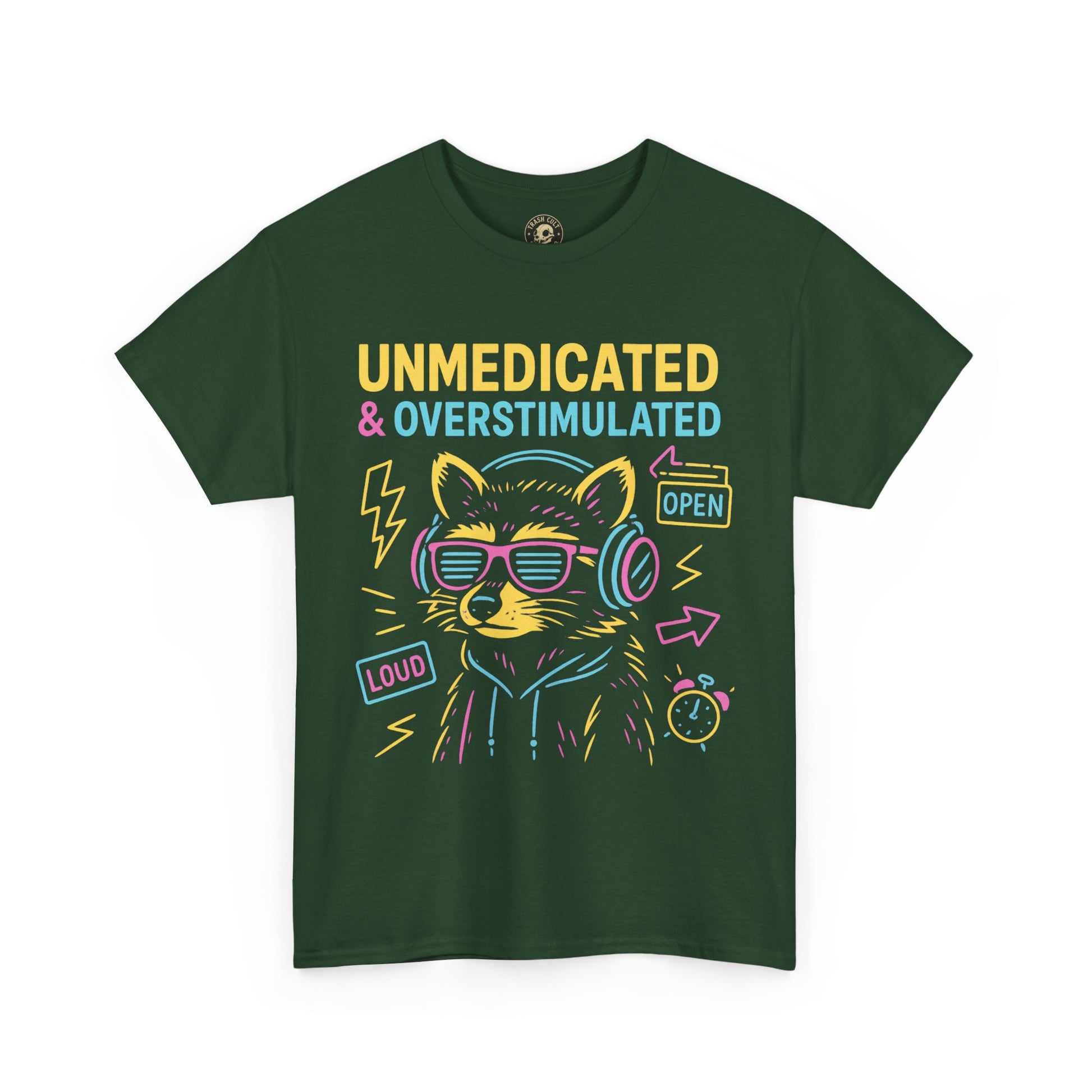 Unmedicated & Overstimulated Neon Raccoon ADHD Shirt – Trash Cult Supply Co. – Gildan 5000
