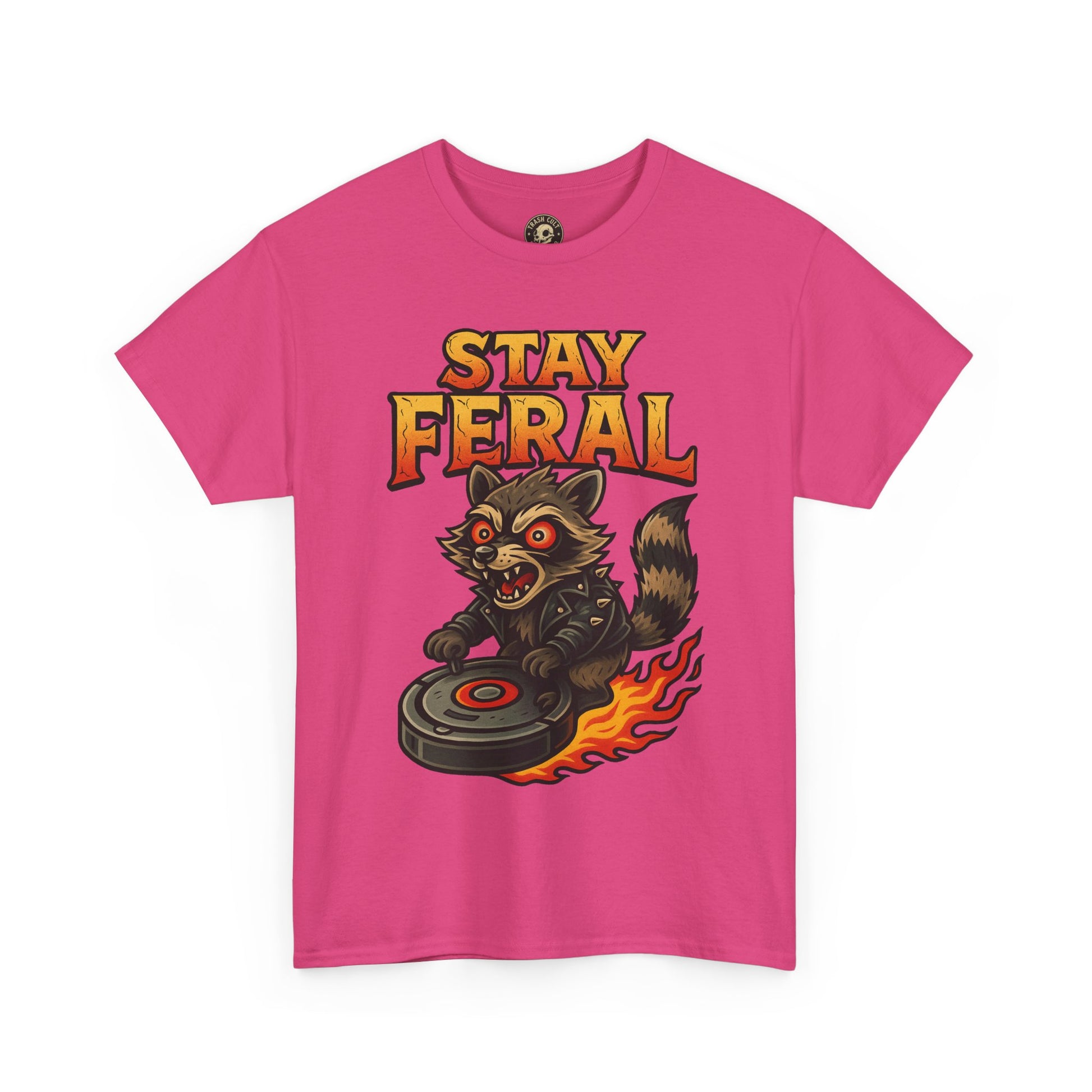 Stay Feral Roomba Raccoon T-Shirt – Bold New School Tattoo Style | Trash Cult Supply Co