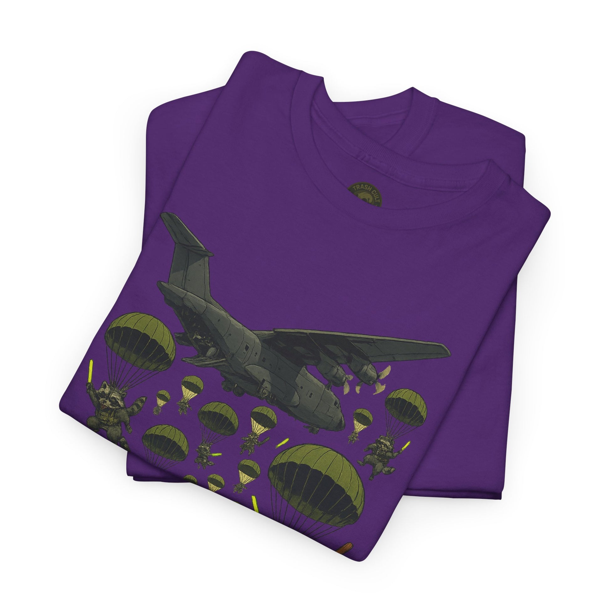 Deploy the Ferals T-Shirt – Airborne Raccoon Drop Graphic | Trash Cult Supply Co. | Gildan 5000 Heavy Cotton Tee