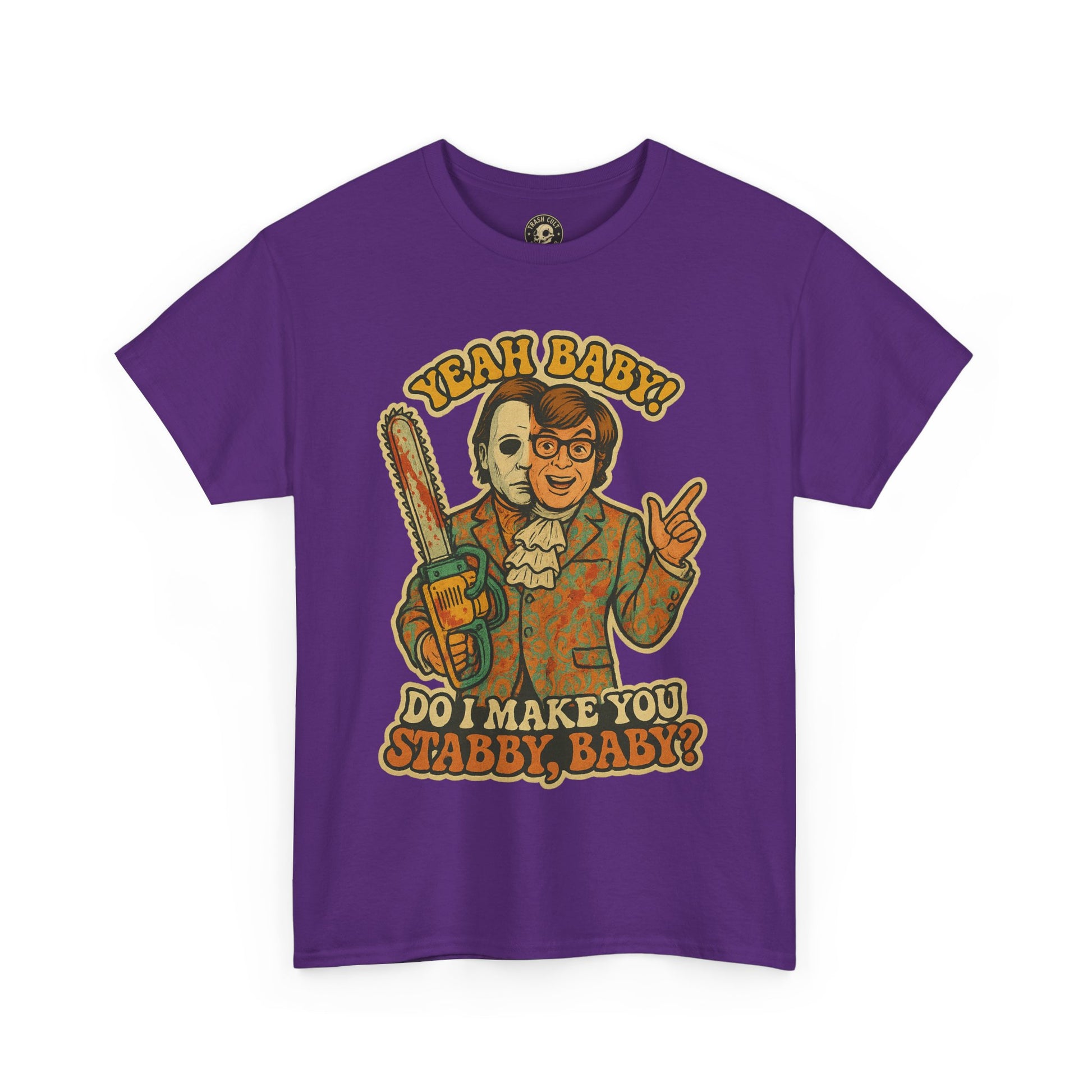 Mike Myers Parody Shirt – “Do I Make You Stabby, Baby?” Funny Horror Mashup Tee – Gildan 5000 Unisex
