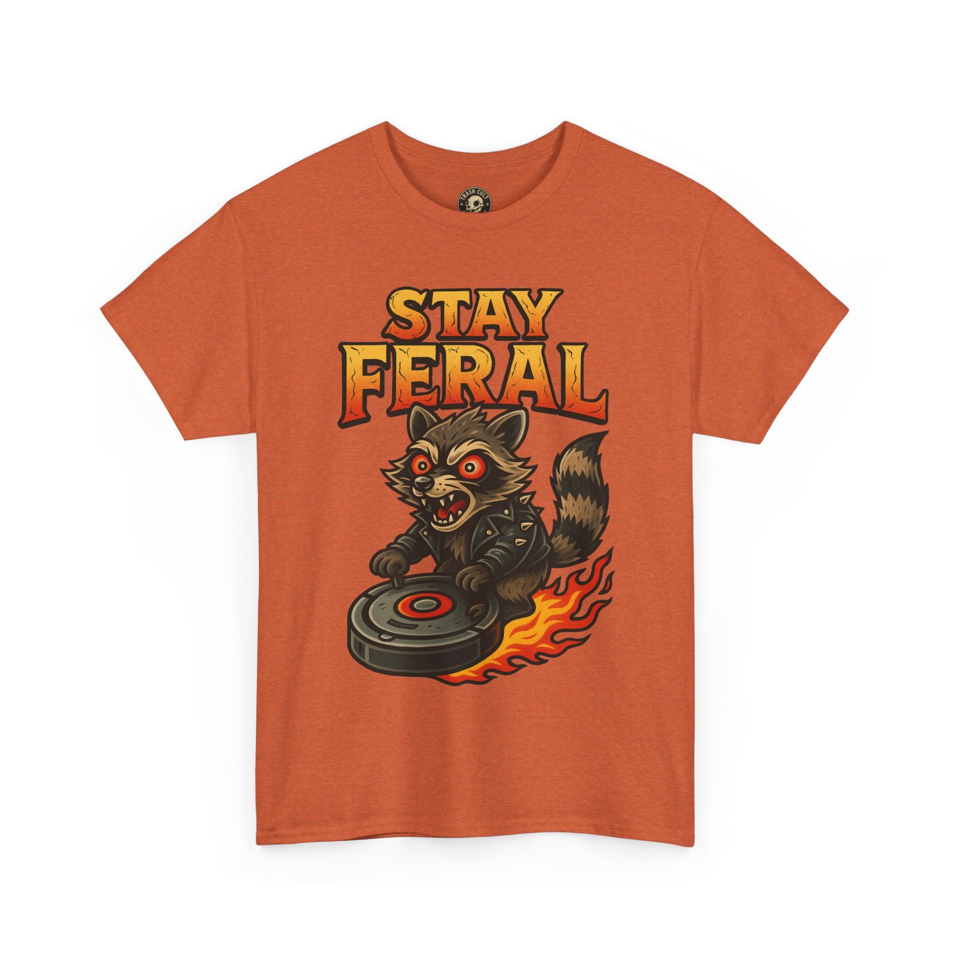 Stay Feral Roomba Raccoon T-Shirt – Bold New School Tattoo Style | Trash Cult Supply Co