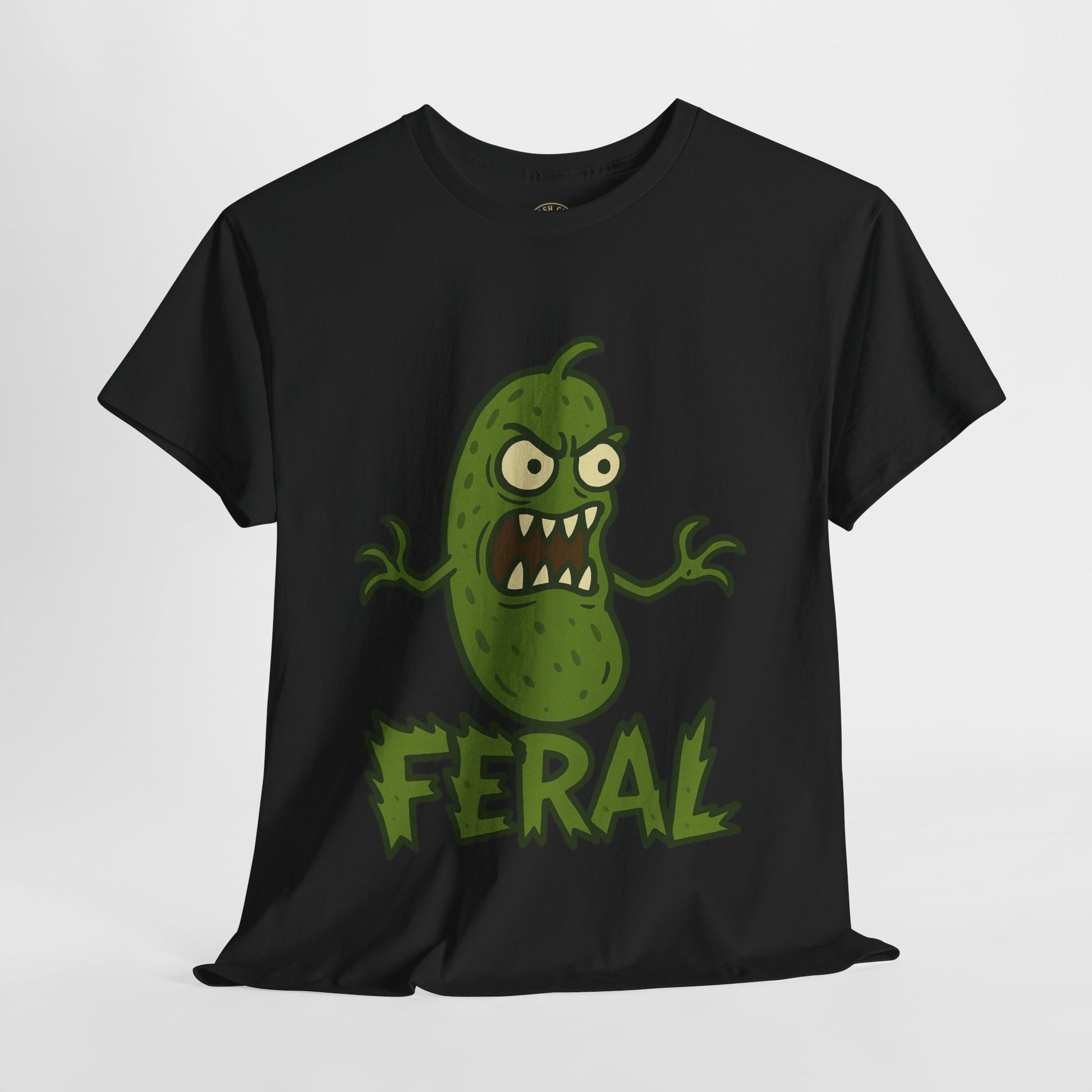 Feral Pickle Cartoon Tee – Trashcore Angry Pickle Shirt – Gildan 5000 Unisex Heavy Cotton