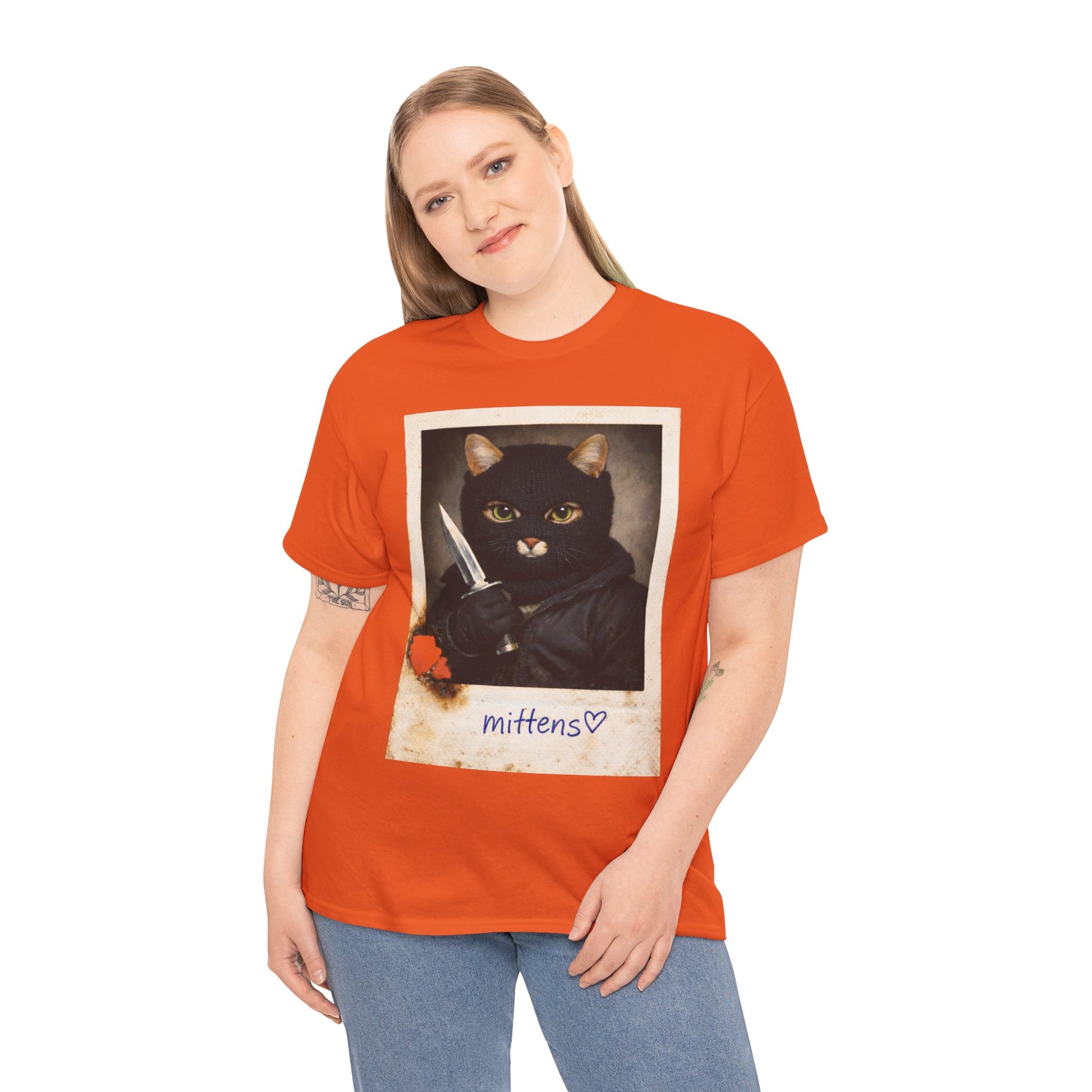 Cat With Knife Tee — "Mittens" Dark Humor Vintage Polaroid Graphic T-Shirt
