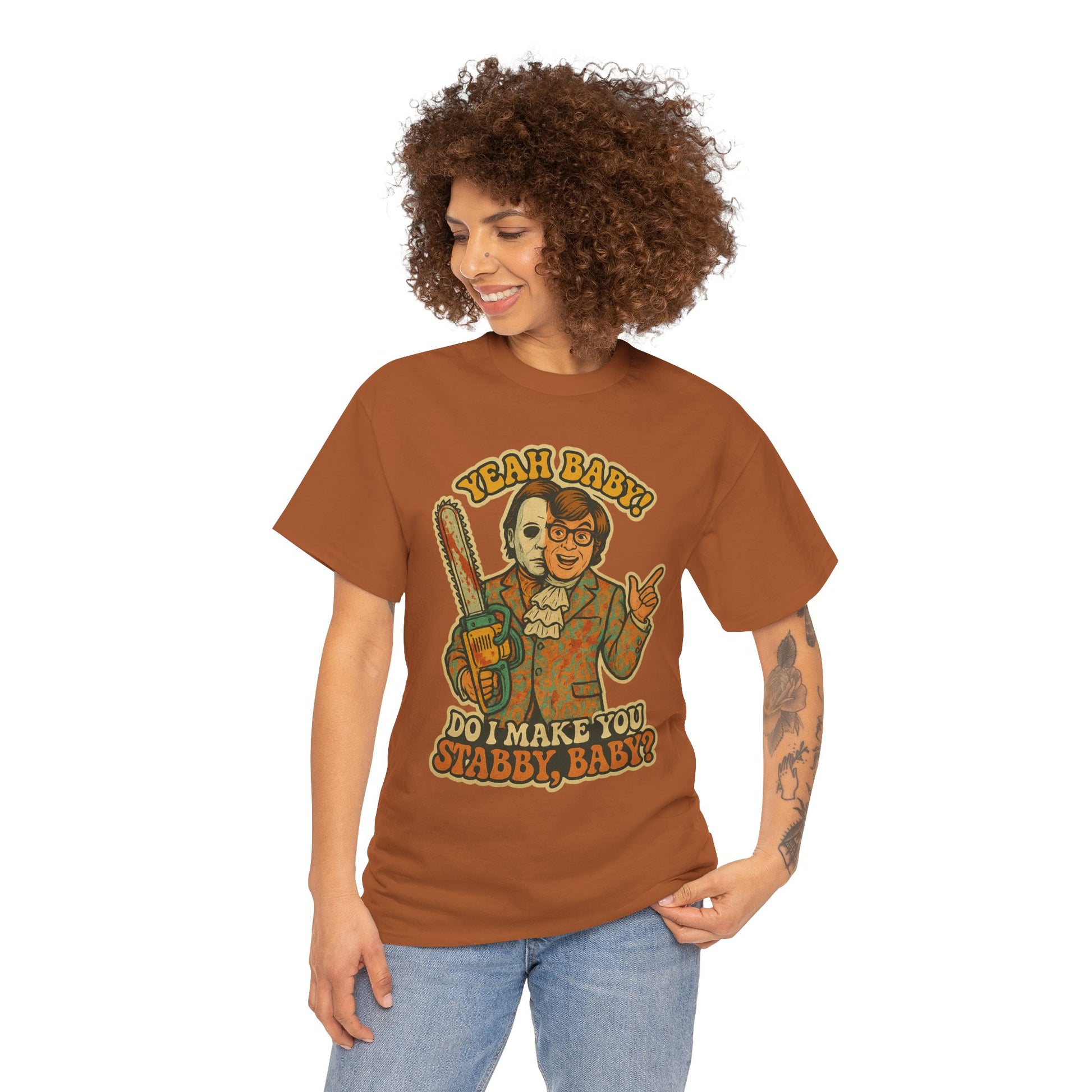Mike Myers Parody Shirt – “Do I Make You Stabby, Baby?” Funny Horror Mashup Tee – Gildan 5000 Unisex