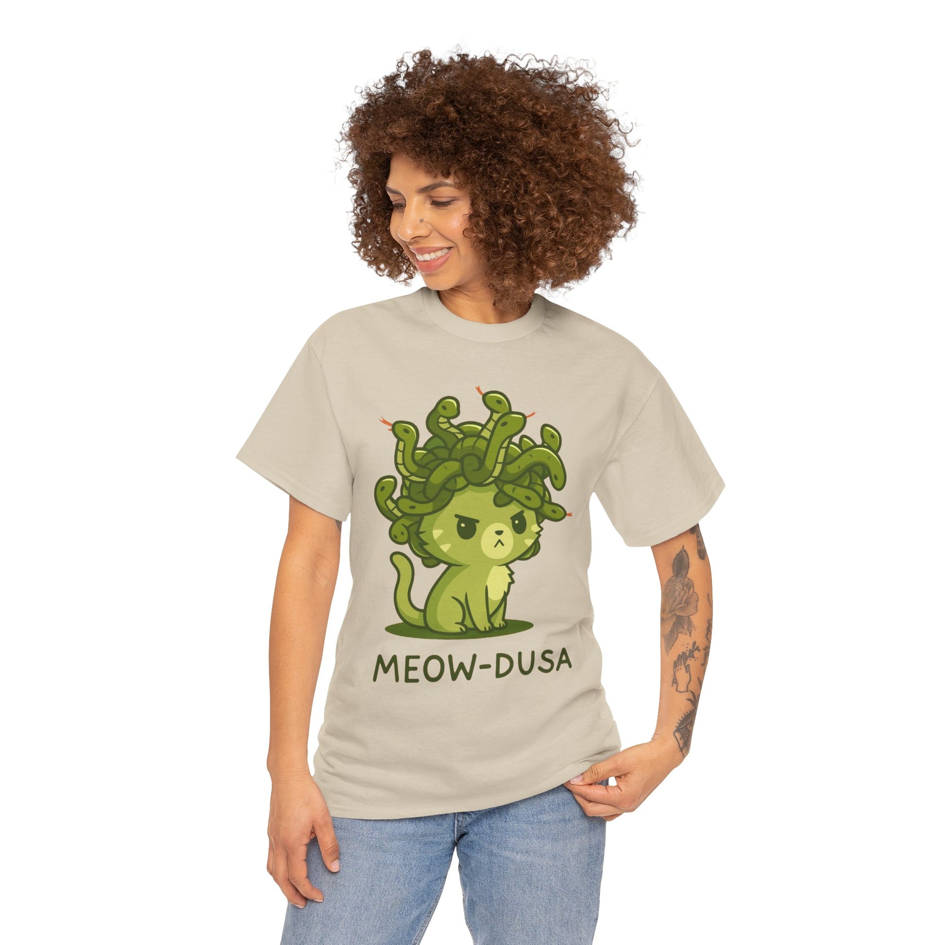 Meow-dusa Funny Cat Medusa T-Shirt – Gildan 5000 Heavy Cotton Tee
