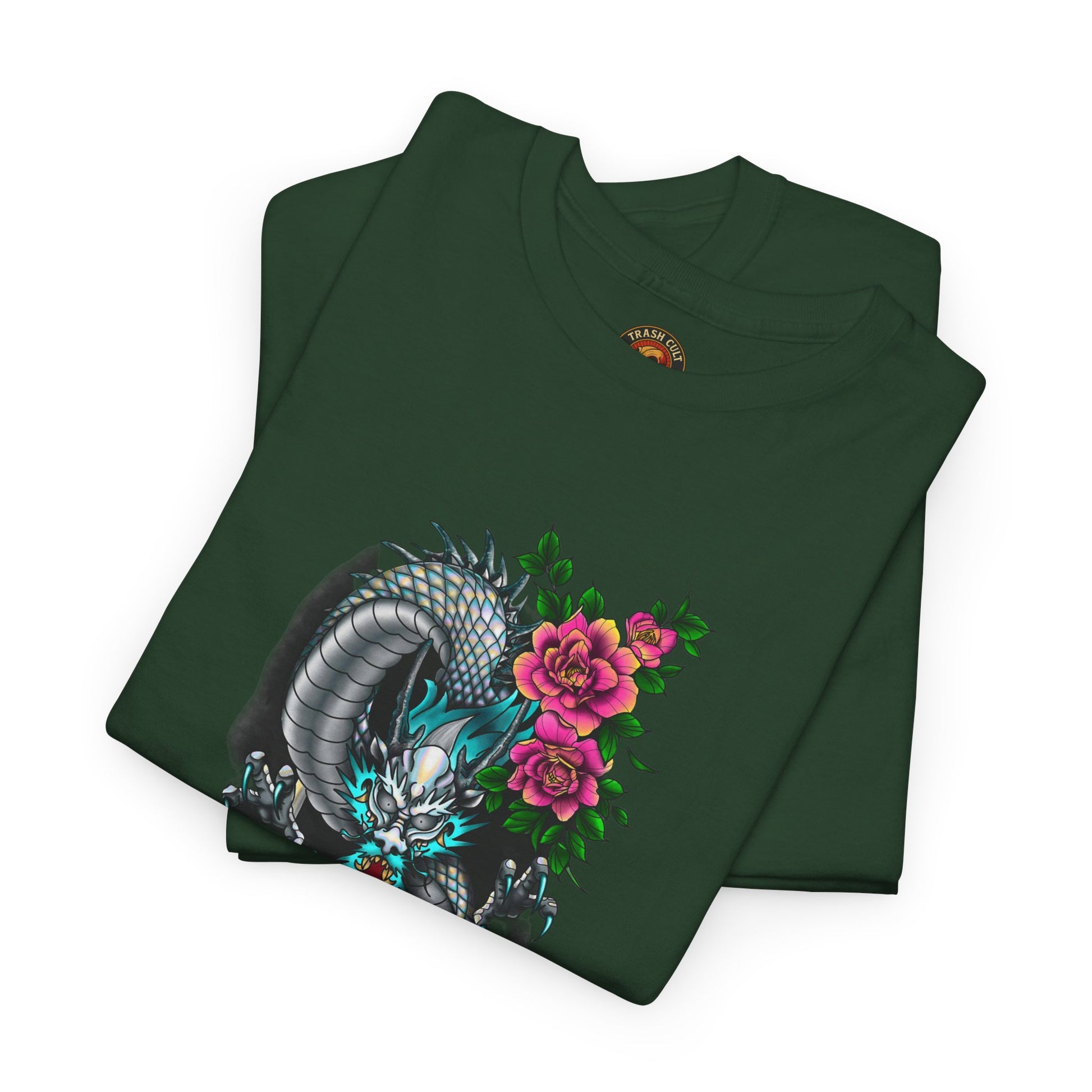 Mythic Dragon & Peonies Tattoo T-Shirt – Lara Davenport x Trash Cult Supply Co. Collab (Gildan 5000)