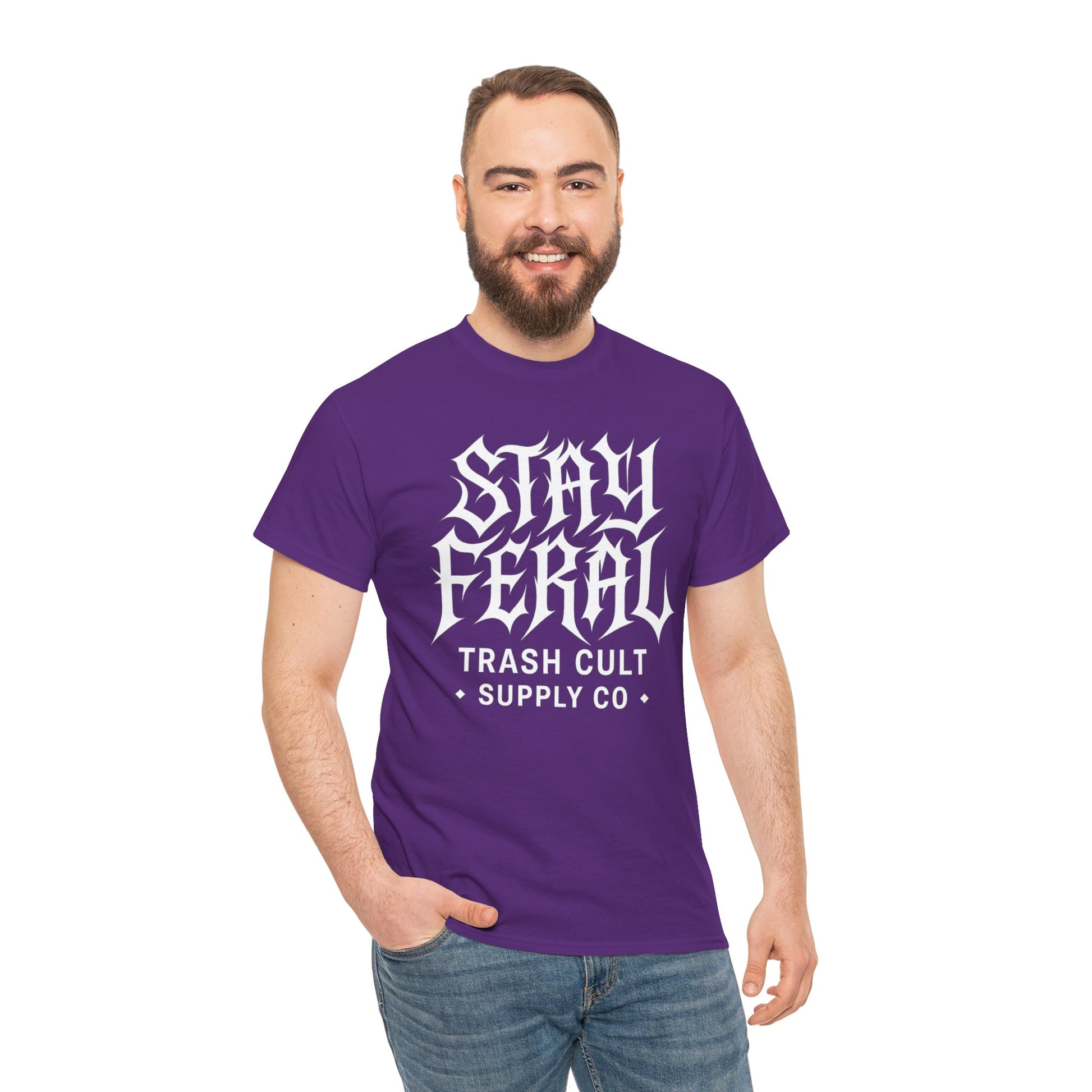 Unisex Heavy Cotton Tee - Stay Feral Graphic Tee, Streetwear Shirt, Gift for Wild Spirits, Eco-Friendly Casualwear, Summer Fashion