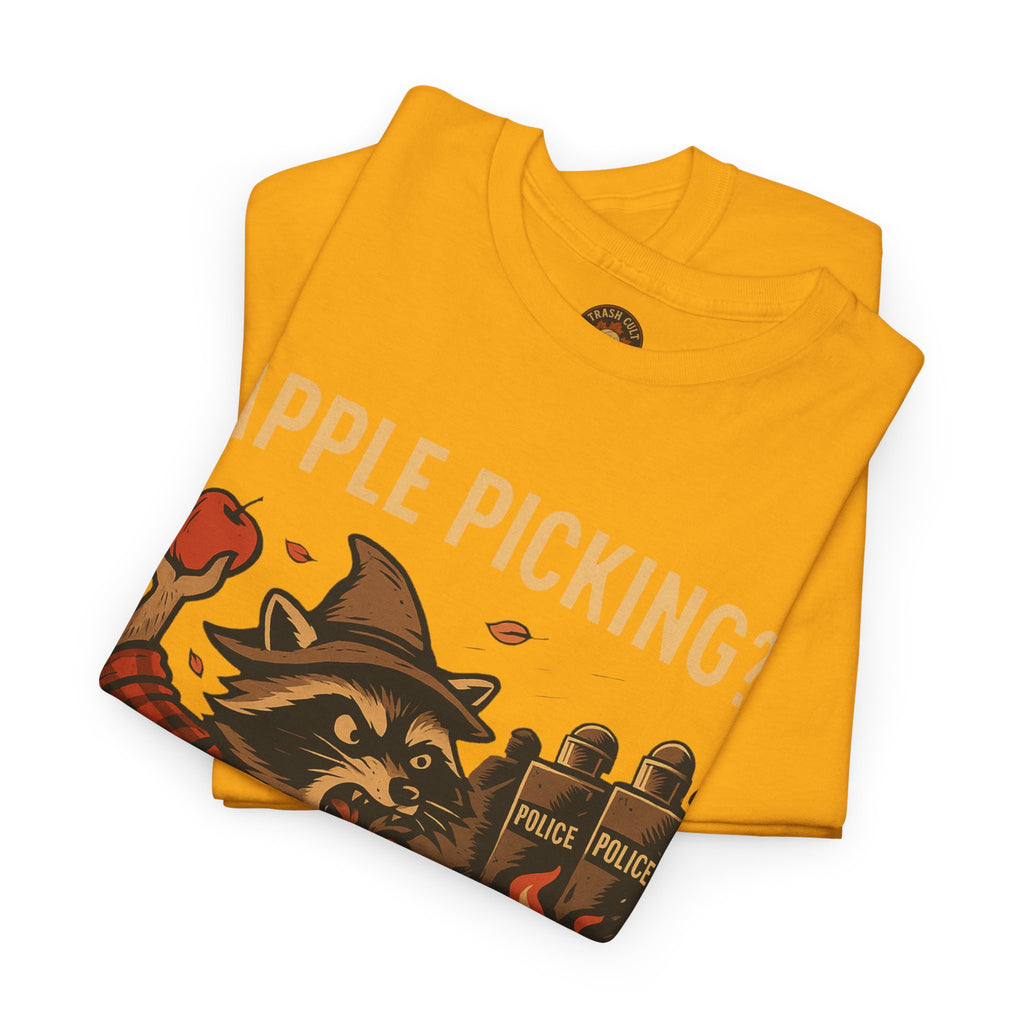 Apple Picking? I Pick Violence Shirt – Angry Raccoon Riot Tee – Fall of Humanity Collection – Trash Cult Supply Co.