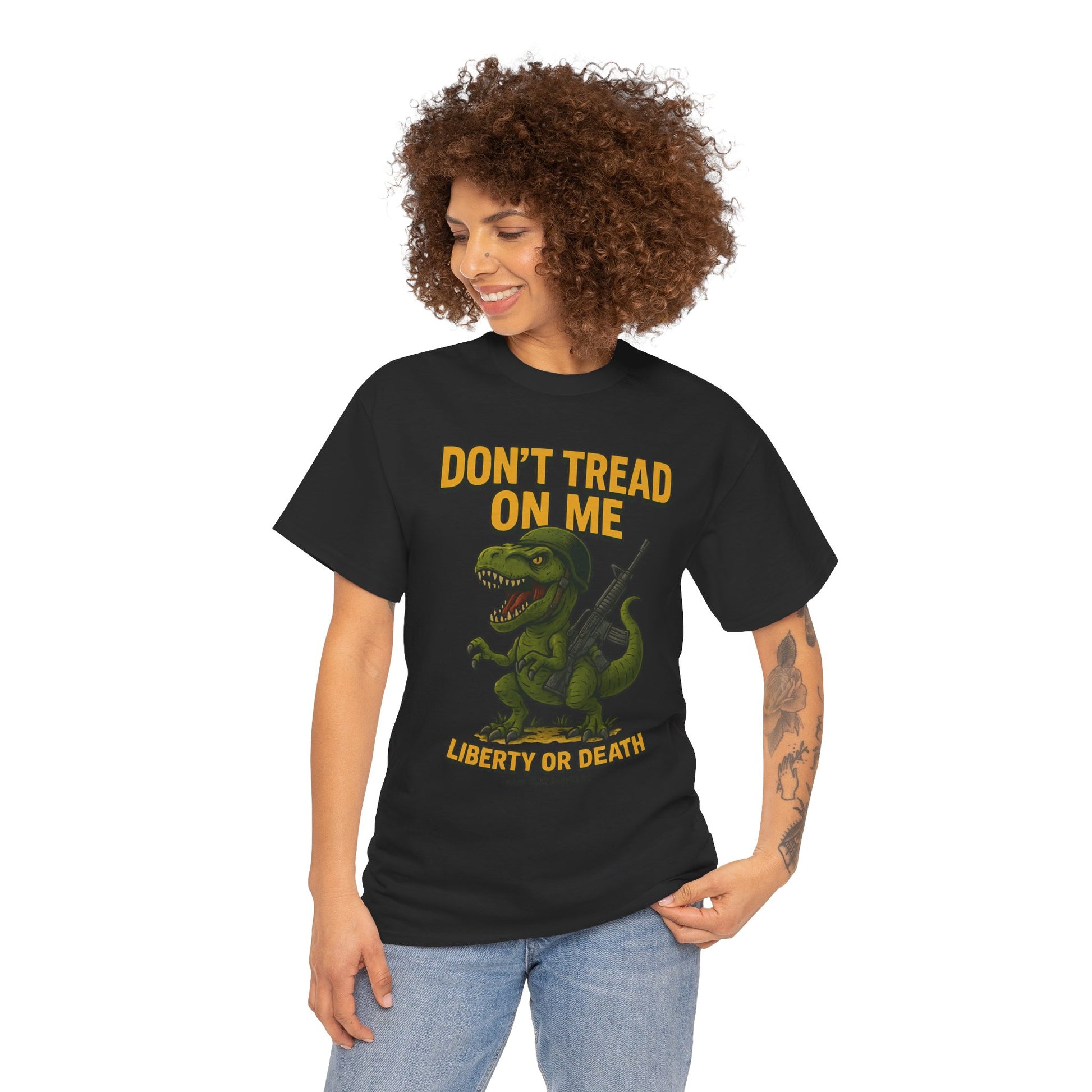 Don’t Tread On Me T-Rex T-Shirt – Liberty or Death Graphic | Trash Cult Supply Co. | Gildan 5000 Heavy Cotton