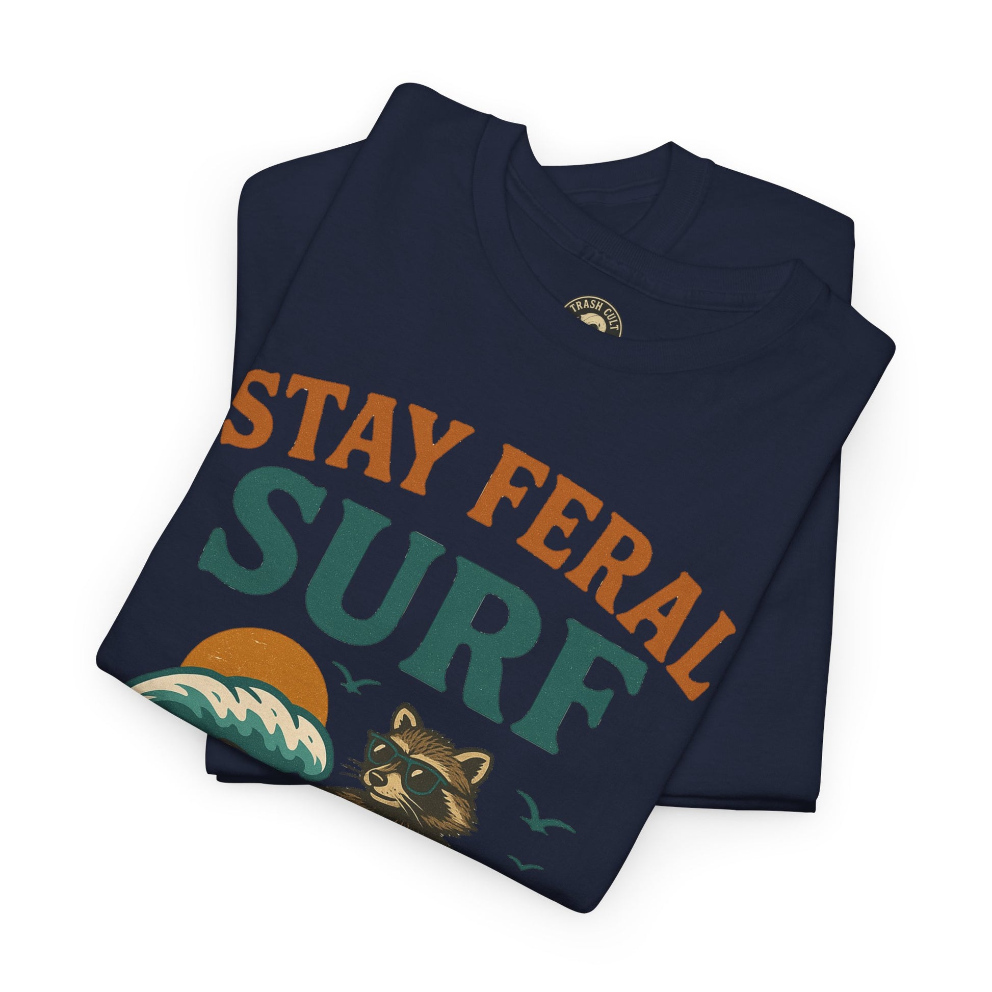 Stay Feral Surf Shirt – Retro Raccoon Beach Tee – Trash Cult Supply Co – Gildan 5000