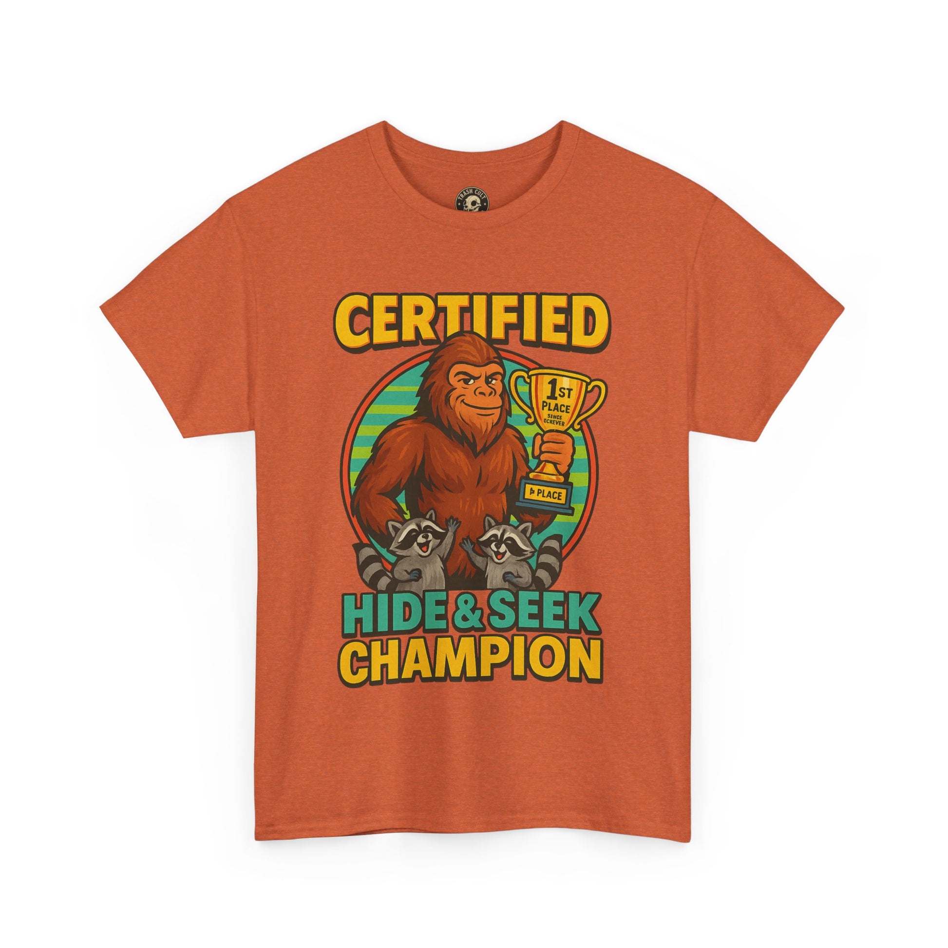 Certified Hide & Seek Champion Bigfoot T-Shirt – Funny Cryptid Shirt – Raccoon Forest Meme Tee – Gildan 5000