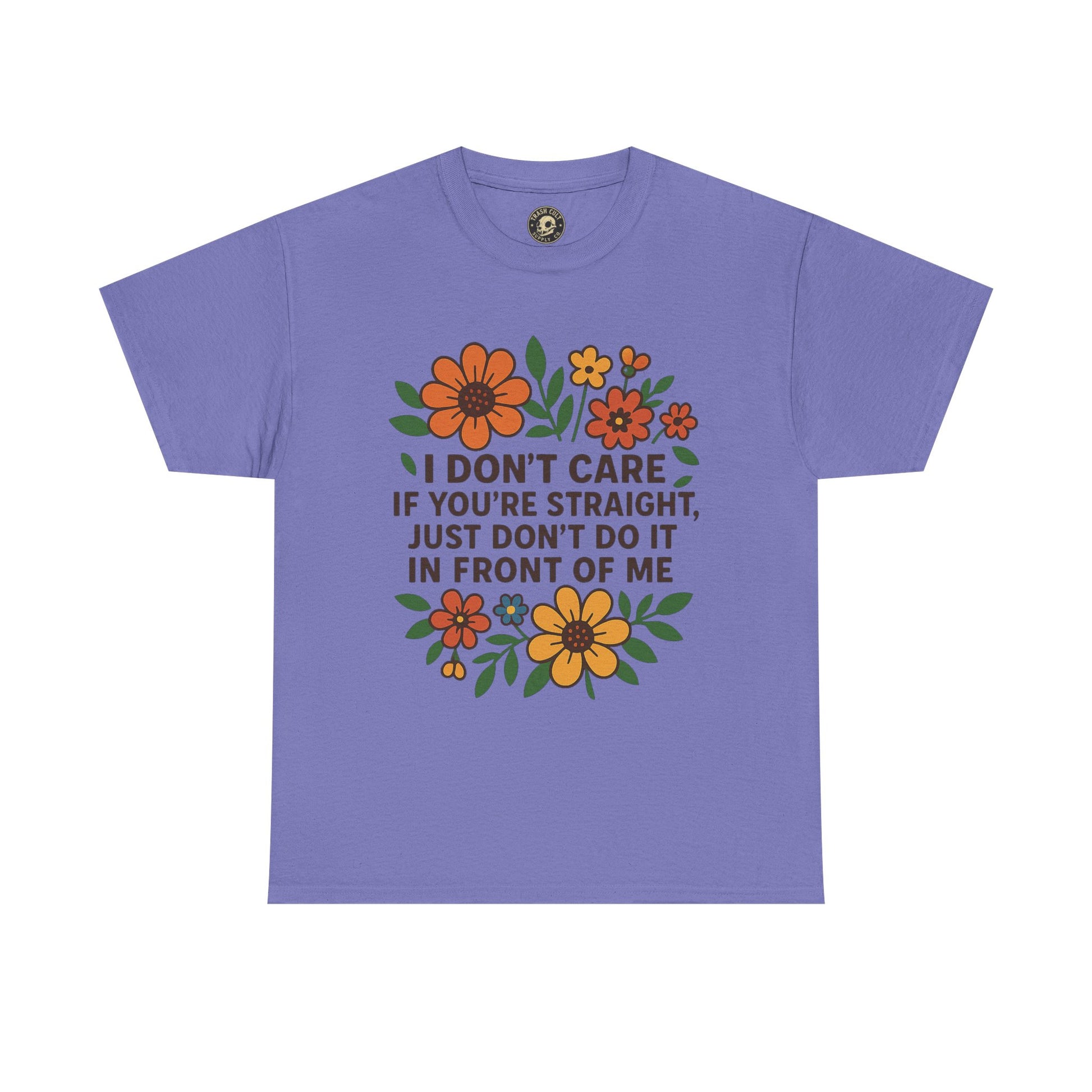 “I Don’t Care If You’re Straight” Funny Floral Shirt – LGBTQ+ Ally Tee – Bold Statement Graphic – Gildan 5000