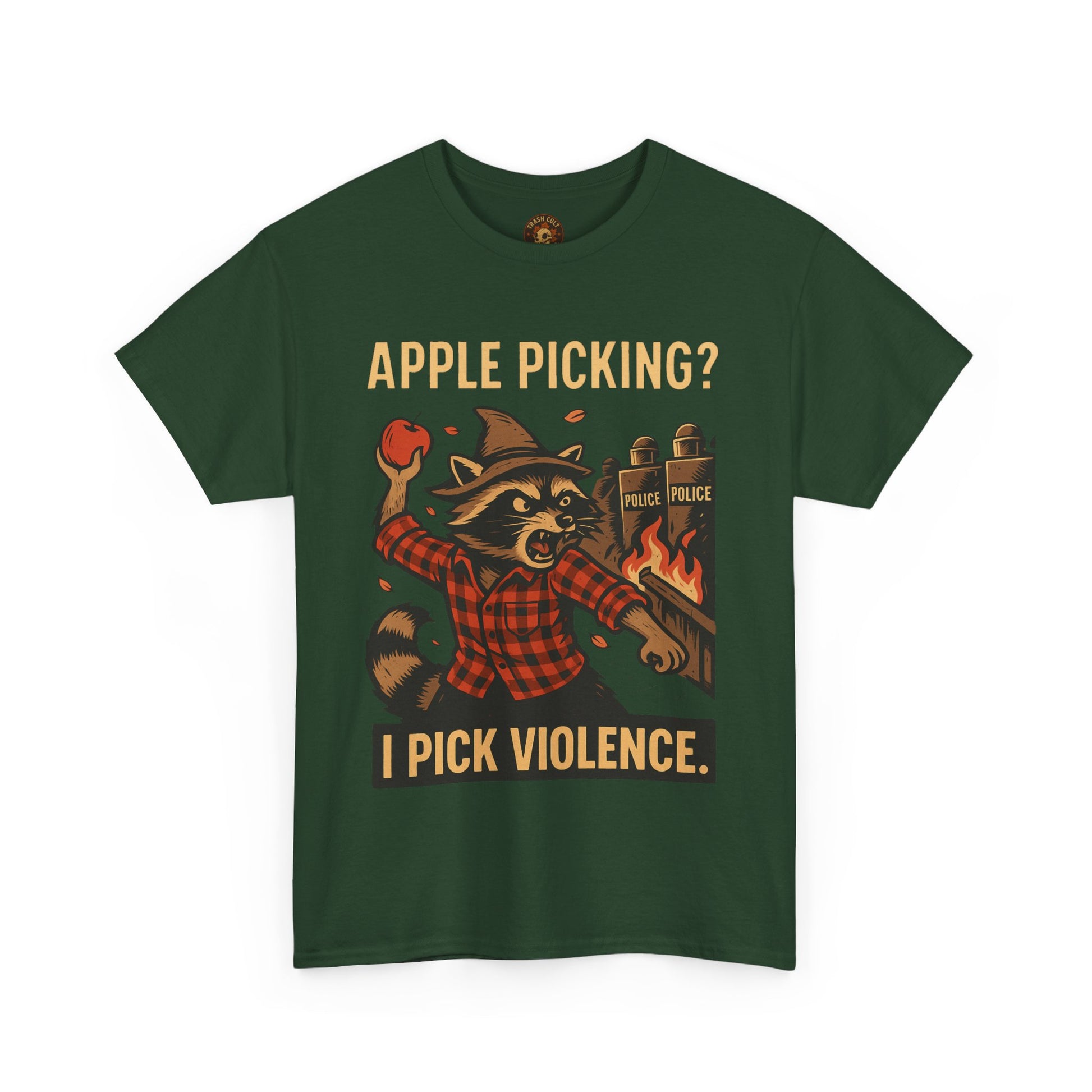 Apple Picking? I Pick Violence Shirt – Angry Raccoon Riot Tee – Fall of Humanity Collection – Trash Cult Supply Co.