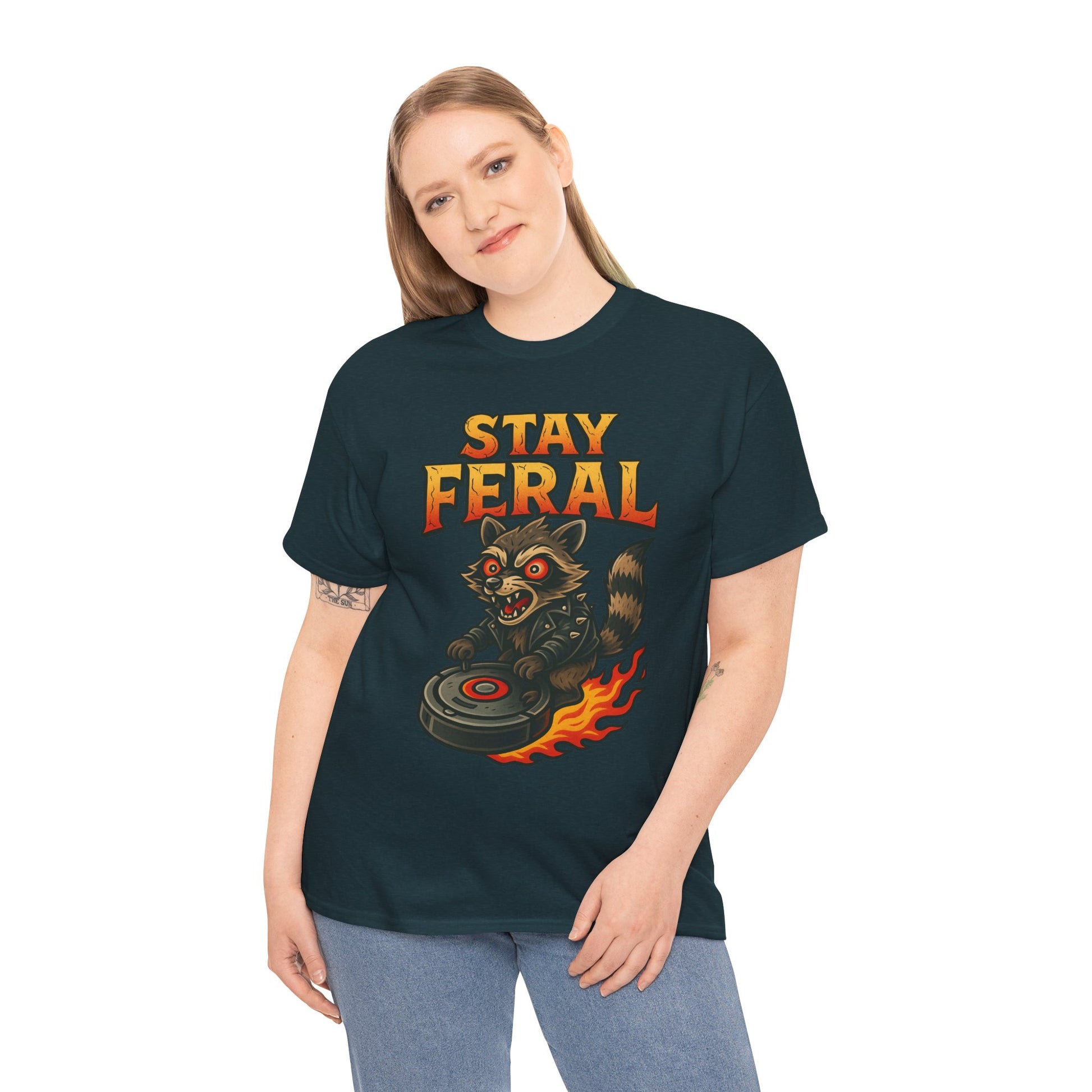 Stay Feral Roomba Raccoon T-Shirt – Bold New School Tattoo Style | Trash Cult Supply Co