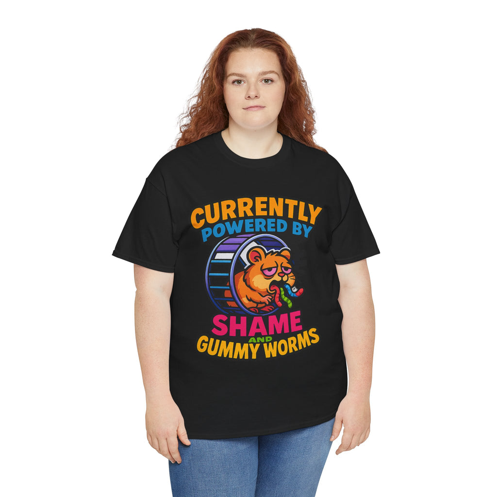 Gummy Worms Shame Tee – Funny Cotton T-Shirt, Powered by Shame & Snacks, Quirky Gift for Animal Lovers
