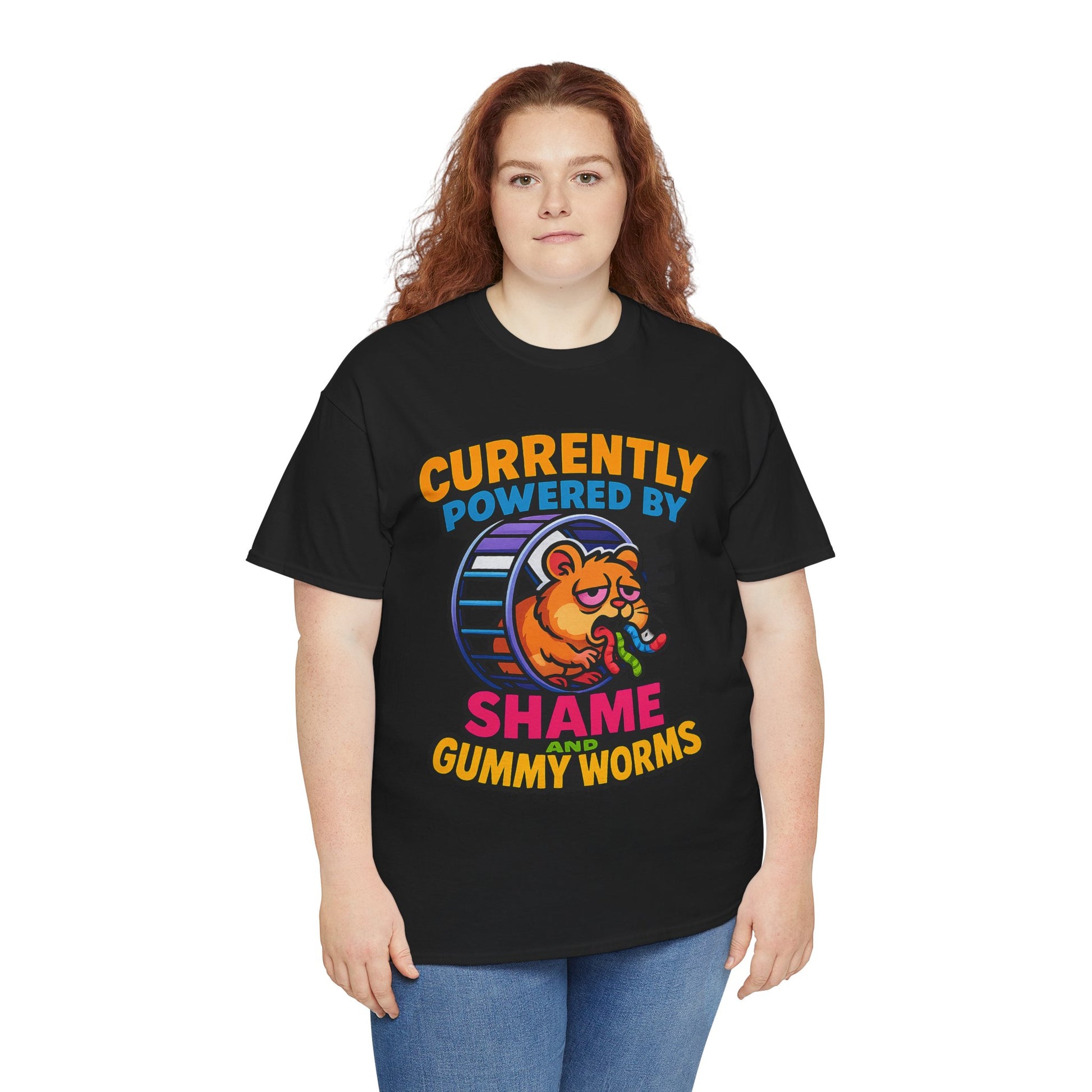 Gummy Worms Shame Tee – Funny Cotton T-Shirt, Powered by Shame & Snacks, Quirky Gift for Animal Lovers