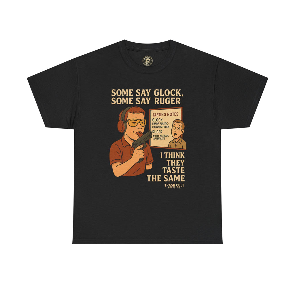 Glock vs Ruger Mouthfeel Shirt – Funny Gun Show Parody Tee | Dark Humor Firearm Tasting Notes Shirt