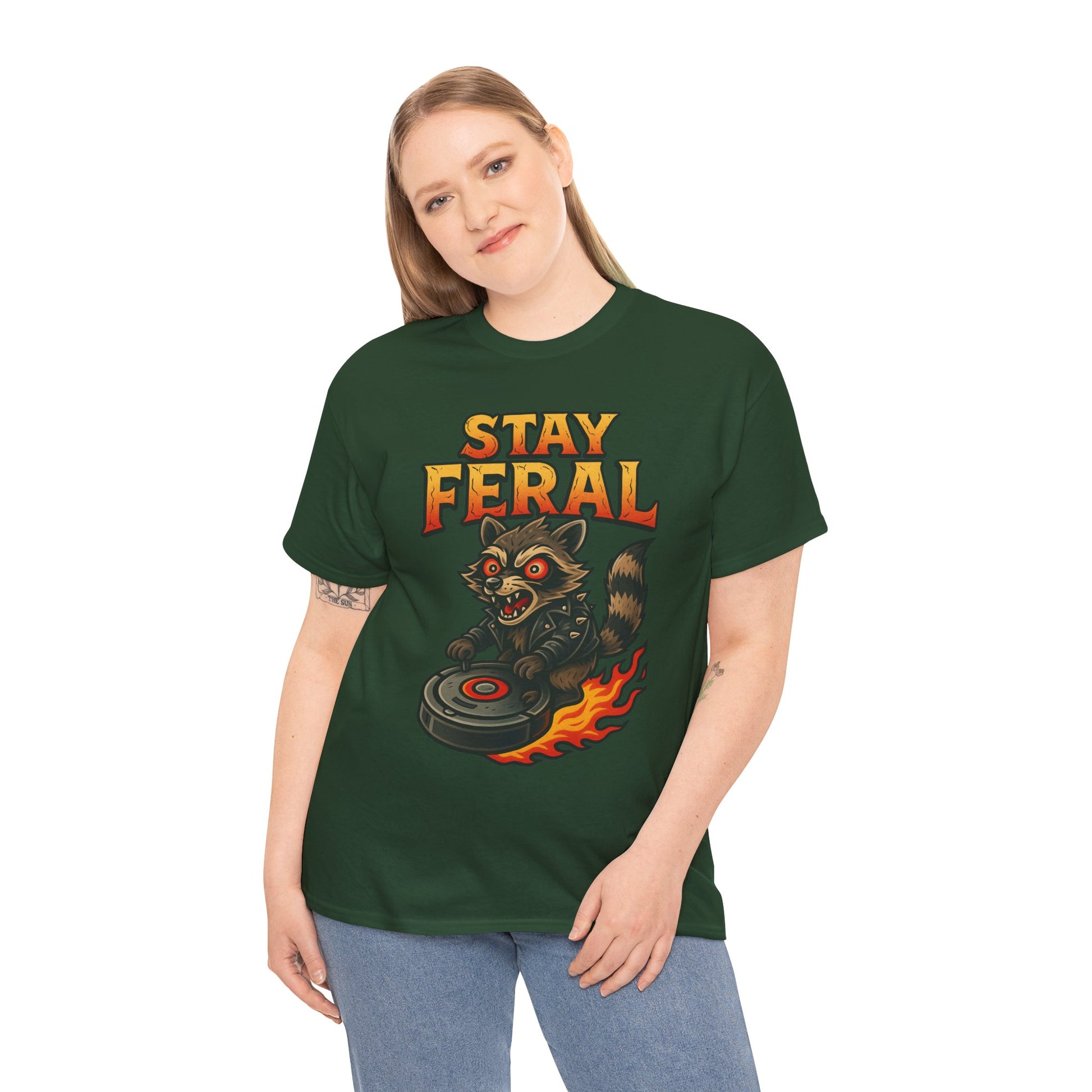 Stay Feral Roomba Raccoon T-Shirt – Bold New School Tattoo Style | Trash Cult Supply Co
