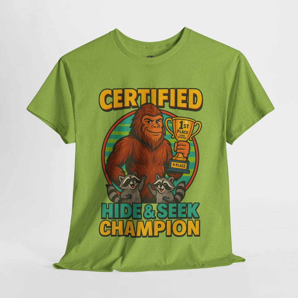 Certified Hide & Seek Champion Bigfoot T-Shirt – Funny Cryptid Shirt – Raccoon Forest Meme Tee – Gildan 5000